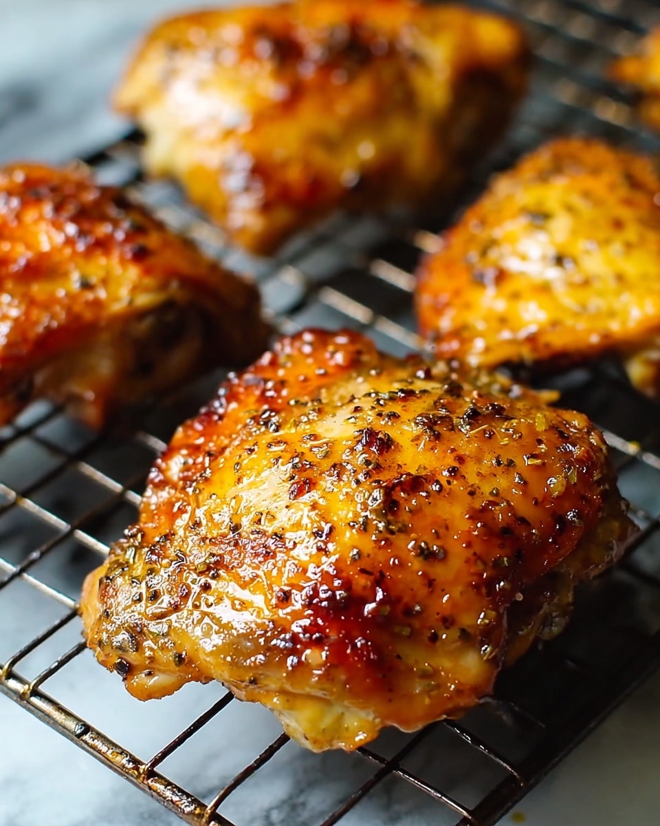 The image shows close-up pieces of roasted chicken thighs resting on a metal wire rack. Each chicken thigh is covered with a shiny, golden brown, and slightly crispy skin, speckled with black pepper and herbs. The skin texture is uneven with some caramelized spots, and the chicken appears juicy with visible crisp edges. The background is softly blurred, highlighting the glistening surface of the chicken sitting on the dark metal rack over a white marbled surface. photo taken with an iphone --ar 4:5 --v 7