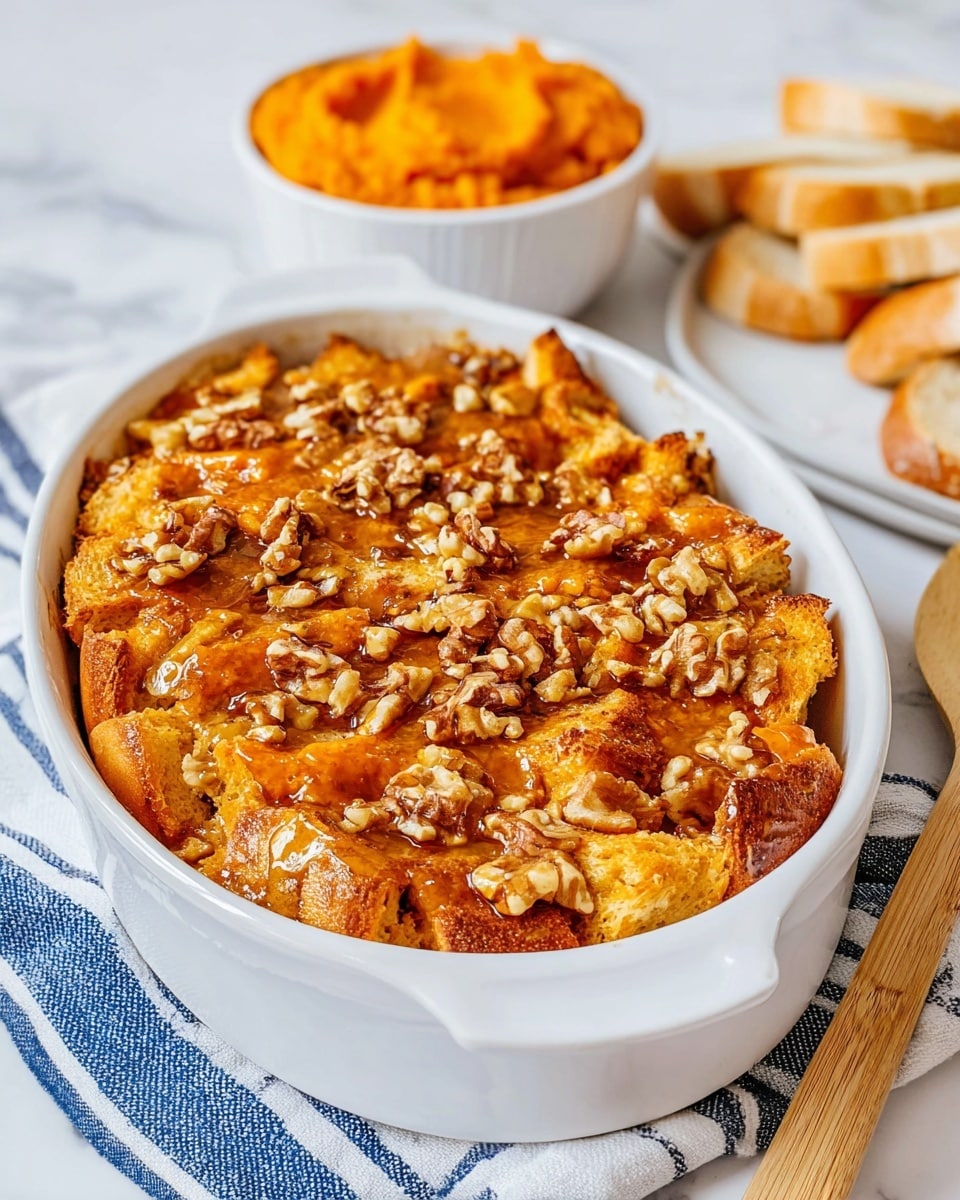 The dish is presented in a white oval baking dish filled with golden brown toasted bread pieces layered evenly throughout. The top layer is drizzled with a shiny amber syrup and sprinkled with small chunks of light tan walnuts, creating a textured surface. The bread appears soft inside but crispy on the edges. Behind the baking dish, there is a small white bowl filled with bright orange mashed sweet potatoes, and slices of light tan baguette bread are arranged loosely in the background. The scene is set on a white marbled surface with a blue and white striped cloth partially visible underneath the baking dish, alongside a wooden spoon with a pale handle. photo taken with an iphone --ar 4:5 --v 7