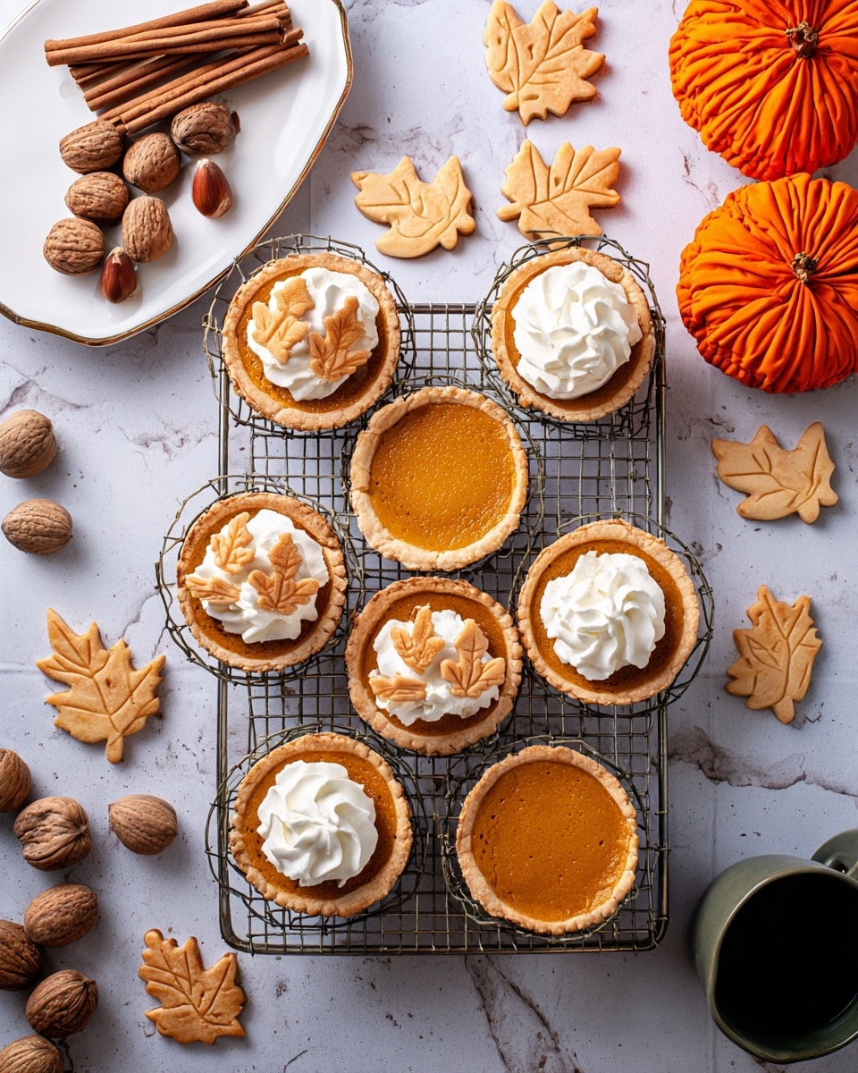 The image shows five small pumpkin pies with a golden brown crust placed on a metal cooling rack over a white marbled surface. Each pie has a swirl of white cream on top, with three of them decorated with light brown cookie shapes in the form of pumpkins and leaves resting on or beside the cream. Around the pies are several more cookie shapes, some of them leaves in light brown color. To the left side, there is a small orange pumpkin laying on the white marbled surface. Photo taken with an iphone --ar 4:5 --v 7