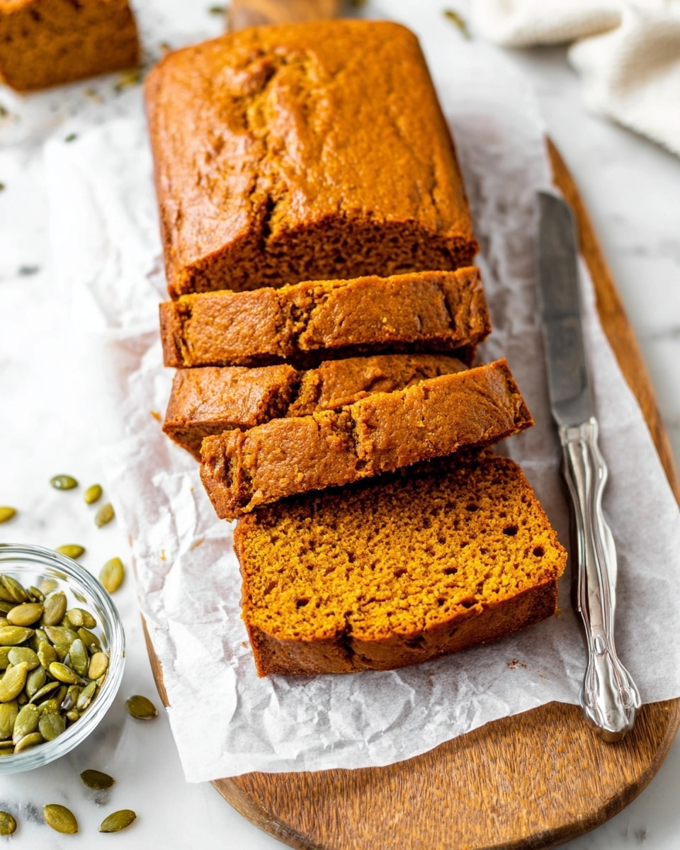 The image shows a loaf of pumpkin bread sliced into four pieces, placed on white parchment paper on a wooden board. The bread has a golden-brown crust with a soft, moist interior that is deep orange-brown in color. The texture inside looks slightly dense with small, even holes throughout. To the left of the bread, there are green pumpkin seeds scattered on the parchment paper and some placed in a small, clear glass bowl. A silver knife lies to the right of the bread, resting partly on the parchment. The background surface is a white marbled texture. Photo taken with an iphone --ar 4:5 --v 7