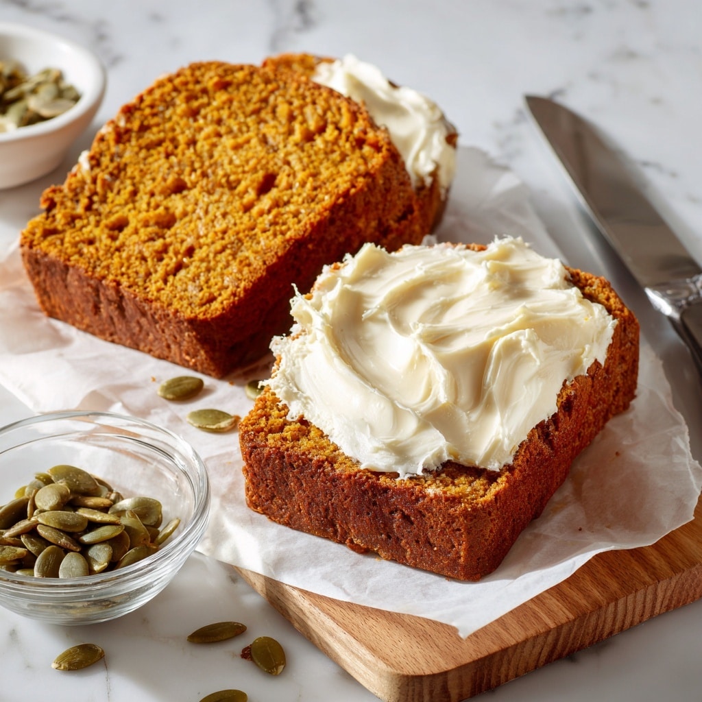 The image shows two slices of brown bread on a white plate, each slice spread with a thick layer of off-white butter that has a smooth, creamy texture with some swirls and ridges. The two slices are slightly overlapping on the plate. Next to the plate is a knife with a wooden handle and a bit of butter on the blade. To the left, a loaf of the same brown bread is partly sliced, resting on a beige wooden cutting board. A grey cloth is partially visible at the bottom left corner, and the whole scene is set on a white marbled textured surface. Photo taken with an iphone --ar 4:5 --v 7