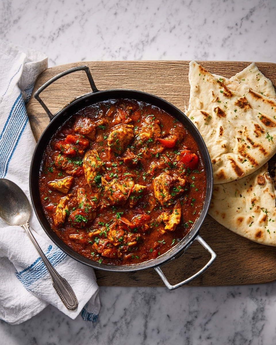 The image shows a meal with a blue bowl filled halfway with white rice and topped on one side by a thick, dark brown chicken curry with visible pieces of chicken and spices. Next to it is a metallic bowl filled with white rice, and another metallic bowl containing yellow lentil soup with small mustard seeds and green peas. The dishes are placed on a black textured mat along with three bright red chili peppers scattered around. On the left, there is a fork resting on a dark gray napkin, and to the right, a set of small silver salt and pepper shakers. A silver fork is placed at the top right corner. The surface is a white marbled texture. photo taken with an iphone --ar 4:5 --v 7