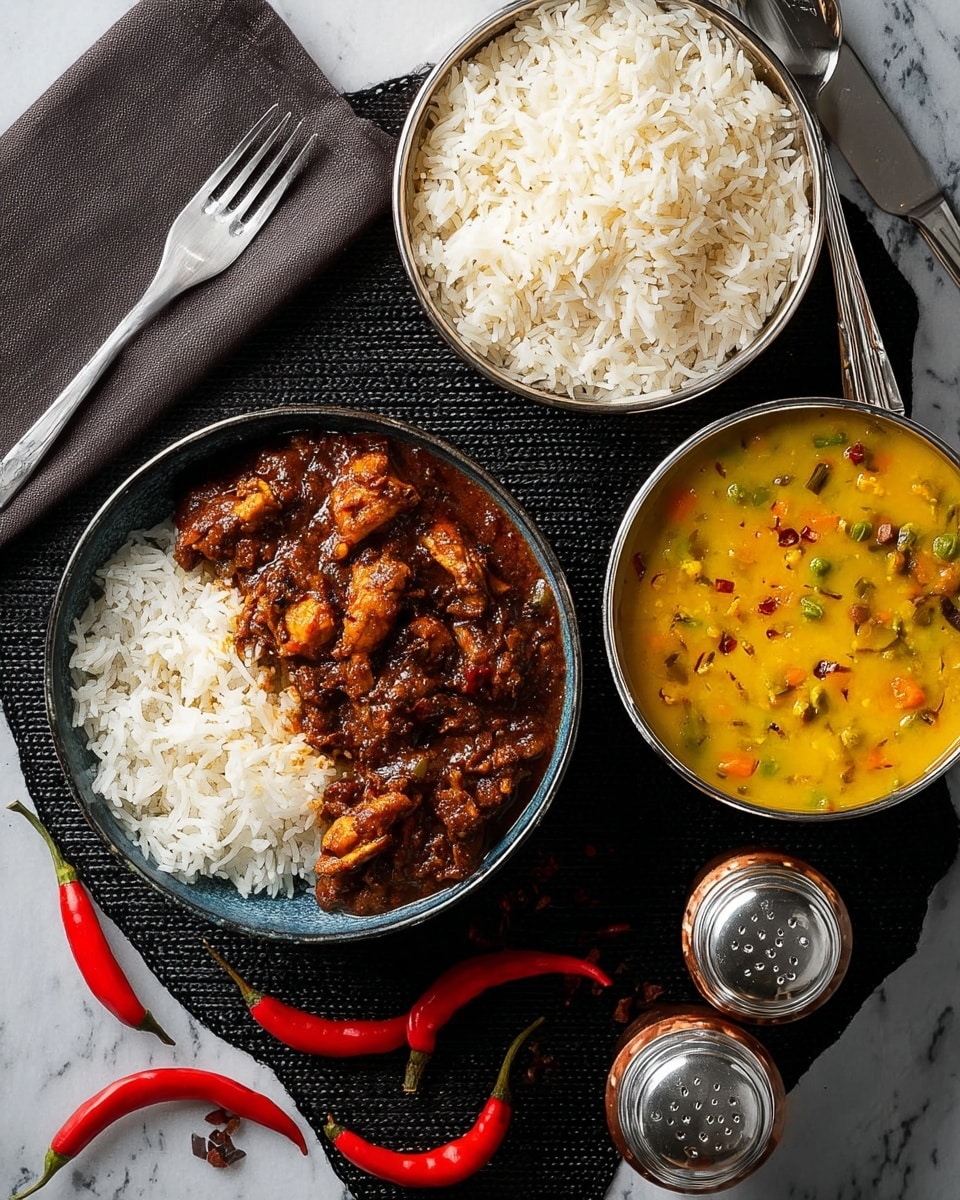 A black metal pan with two handles contains a rich, red-brown chicken curry with visible chunks of cooked chicken and pieces of tomato, all generously sprinkled with chopped green herbs. The pan rests on a wooden board placed on a white marbled surface. To the right of the pan, there are two pieces of grilled flatbread stacked loosely, light brown with grill marks, placed directly on the wooden board. To the left, a metal spoon lies on a white cloth with blue stripes, casually folded beside the pan. photo taken with an iphone --ar 4:5 --v 7
