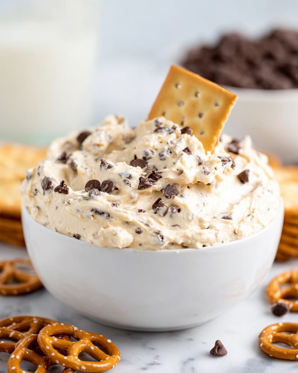 A white bowl filled with a thick, creamy beige dough mixed with dark brown chocolate chips throughout and scattered on top, the dough heaped high with a slightly rough texture. The bowl sits on a white plate with additional chocolate chips scattered around and a small silver spoon resting on the plate. In front, there is a small white bowl containing extra chocolate chips placed on a light beige cloth, all set against a white marbled surface. photo taken with an iphone --ar 4:5 --v 7
