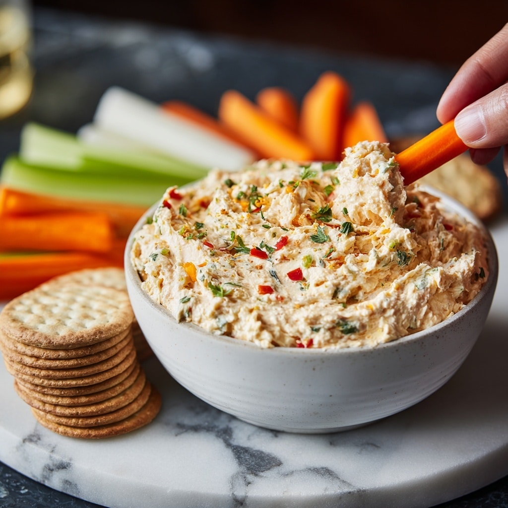 A bowl filled with creamy dip showing a mix of white and light orange colors with visible small pieces of red tomato and green herbs spread evenly, creating a textured and chunky look; the bowl sits on a round white plate surrounded by stacked yellow tortilla chips on the right side and fresh green celery sticks leaning along the top left side; nearby are two small bowls, one with chopped red tomatoes and the other with green herbs, all placed on a white marbled surface with a crumpled teal cloth on the bottom left corner; photo taken with an iphone --ar 4:5 --v 7