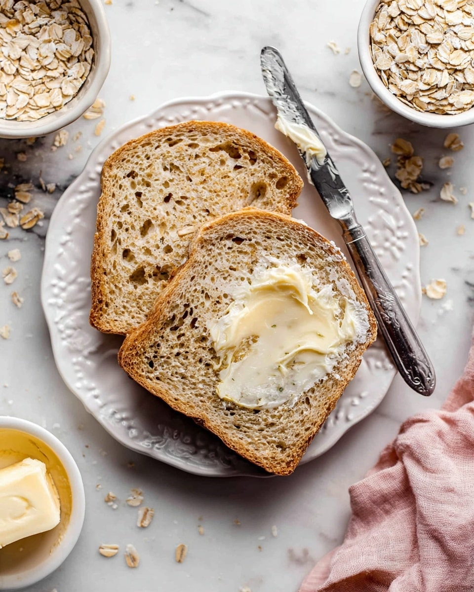 Two slices of whole grain bread rest on a white decorative plate with embossed edges, set on a white marbled surface. The bottom slice is plain, showing its airy texture with a light brown crust. The top slice is spread with soft, melting butter, giving a creamy contrast over the grainy, pale brown bread. A silver butter knife with some butter on the blade lies diagonally across the plate's top right edge. Nearby, a small white bowl contains dry rolled oats, and another bowl filled with creamy butter sits on a folded pink cloth in the bottom left corner. Scattered oats and bread crumbs add a casual touch. Photo taken with an iphone --ar 4:5 --v 7