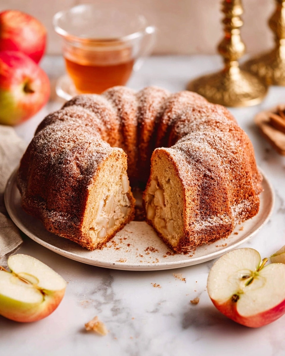 A round bundt cake with a light brown crust dusted with fine white sugar sits on a white plate on a white marbled surface. One thick slice is cut, showing a soft, golden interior with small chunks of pale fruit inside. The texture of the cake looks moist and spongy. Nearby, there are red and yellow apples, one cut in half showing the seeds inside, a clear glass cup with amber liquid and a slice of apple, and two golden candlesticks blurred in the background. Photo taken with an iphone --ar 4:5 --v 7