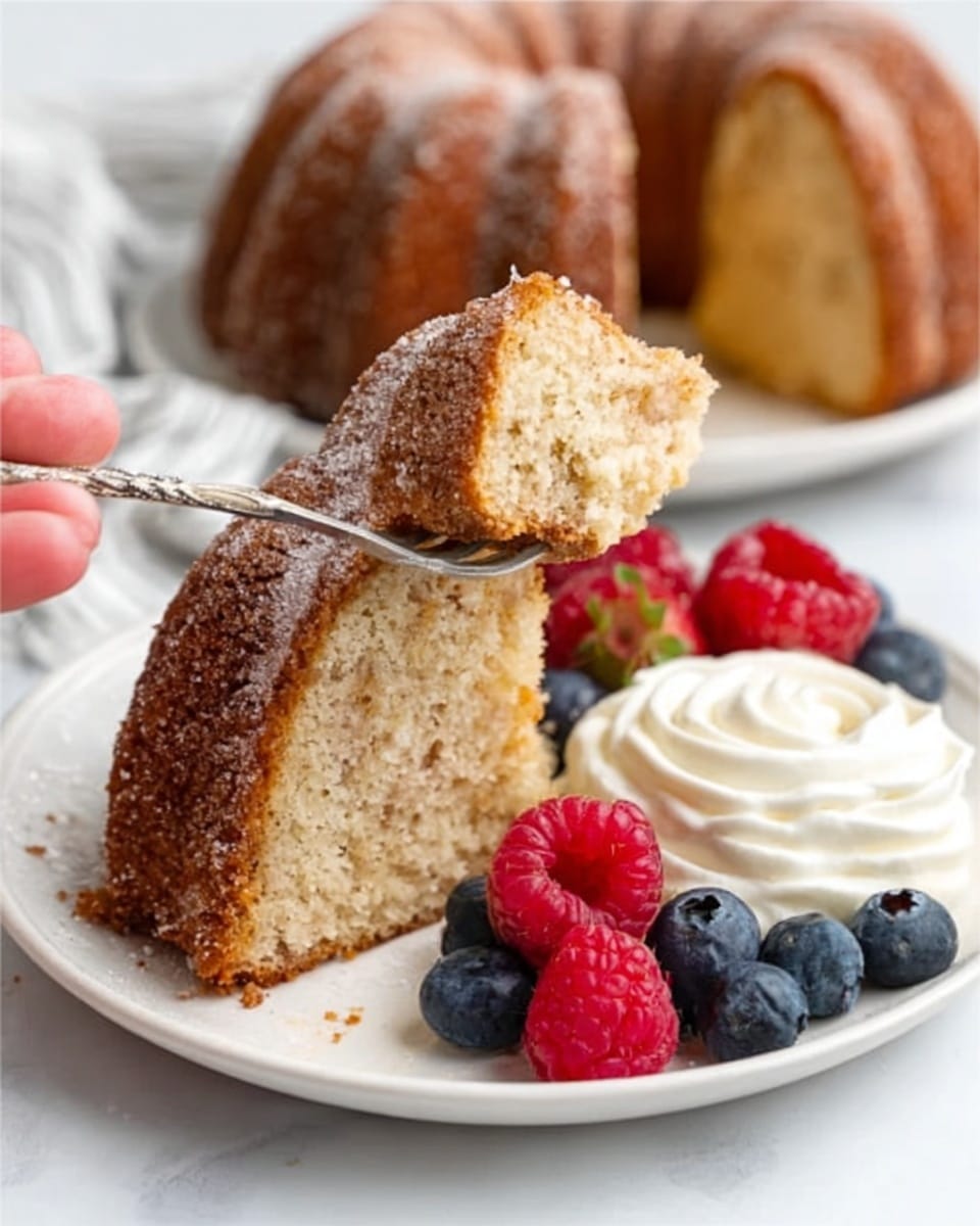 A white plate with a slice of moist bundt cake that has a slightly crumbly brown texture. The cake slice is topped with a lightly browned surface dusted with sugar. Next to the cake on the plate is a small swirl of white whipped cream, accompanied by fresh red raspberries and dark blue blueberries, adding color contrast. A white marbled surface is in the background. A woman’s hand is holding a fork lifting a bite-sized piece from the slice. Photo taken with an iphone --ar 4:5 --v 7