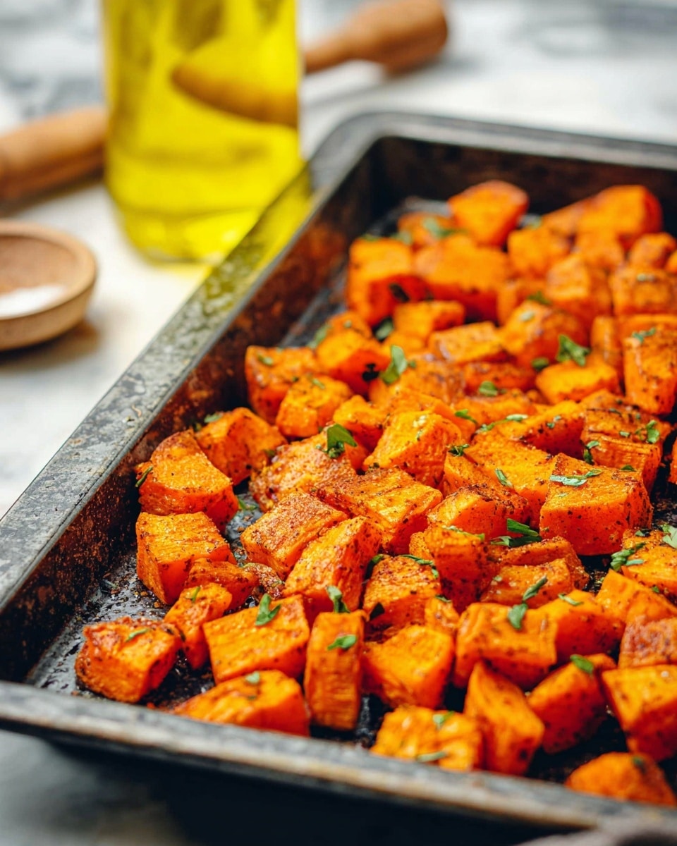 A close-up view of a white oval bowl filled with roasted sweet potato cubes that are bright orange with some pieces having dark caramelized edges, showing a slightly glossy texture from roasting. The bowl is placed on a white marbled surface next to a spoon filled with honey and some garlic cloves scattered nearby. The sweet potatoes are cut into roughly equal-sized chunks, creating a dense and textured layer within the bowl. photo taken with an iphone --ar 4:5 --v 7