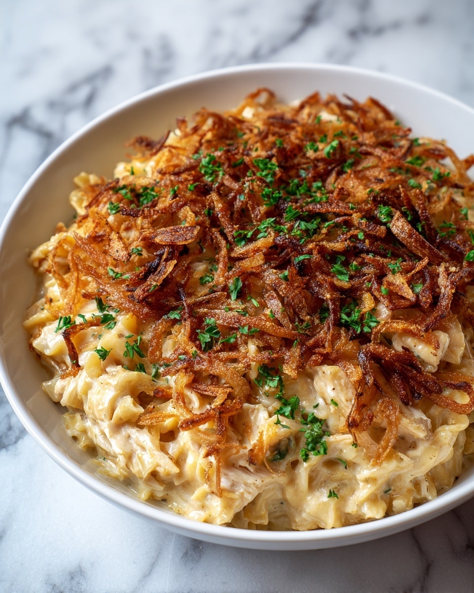 A white rectangular dish holds a creamy baked pasta with three visible layers. The bottom layer shows soft, smooth orzo pasta in a light cream sauce, covered by a middle layer of melted, stringy white cheese that stretches as a wooden spoon lifts a scoop. The top layer is a golden brown, crispy layer of fried onion strings, sprinkled with small green herb pieces for color. The dish sits on a white marbled surface. photo taken with an iphone --ar 4:5 --v 7