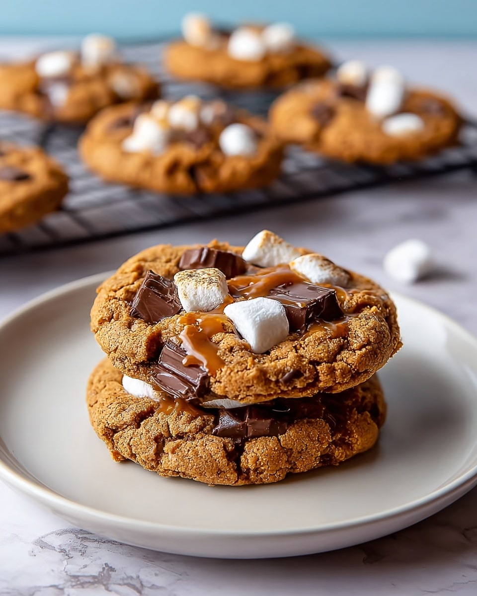 Two round cookies stacked on a white plate, each cookie has a rough, golden-brown texture with visible cracked surfaces. The top cookie is decorated with large chunks of dark chocolate and small white marshmallows, some marshmallows are slightly melted. There is a gooey, light brown caramel drizzle over the top cookie, adding a shiny texture. In the background, several similar cookies rest on a dark cooling rack, all on a white marbled surface. photo taken with an iphone --ar 4:5 --v 7