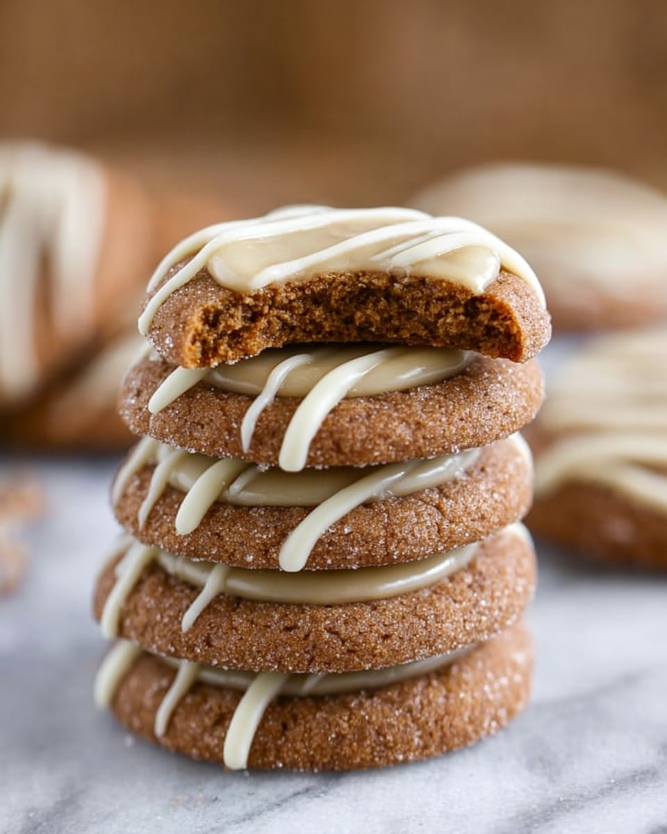 The image shows a stack of four round brown cookies on a white marbled surface. Each cookie has a smooth layer of beige icing in the center and is decorated with white icing drizzled in thin lines over the top, creating a striped effect. The top cookie has a bite taken out of it, revealing a soft, creamy filling inside. The cookies have a rough sugar-coated texture and the stack is neat and aligned. In the background, the white marbled texture is softly blurred, drawing focus to the cookies in the front. photo taken with an iphone --ar 4:5 --v 7