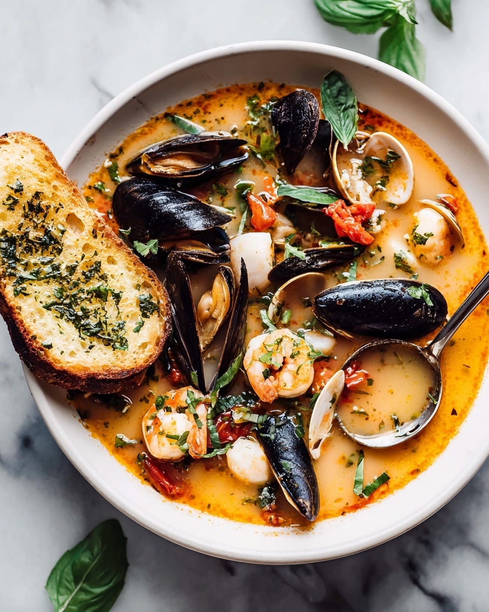 A bowl filled with a seafood soup showing about three main visible layers: the base layer is a light orange broth mixed with herbs and small red chili flakes, the middle layer has white round scallops and pink cooked shrimp with stripes, and the top layer includes open black mussel shells and a few green basil leaves sprinkled on top. The bowl is white with a brown rim, placed on a white marbled surface with two lemon halves and two pieces of toasted bread with herb seasoning near it, along with a white cloth with black dots on the side. A silver spoon is partly inside the bowl. Photo taken with an iphone --ar 4:5 --v 7