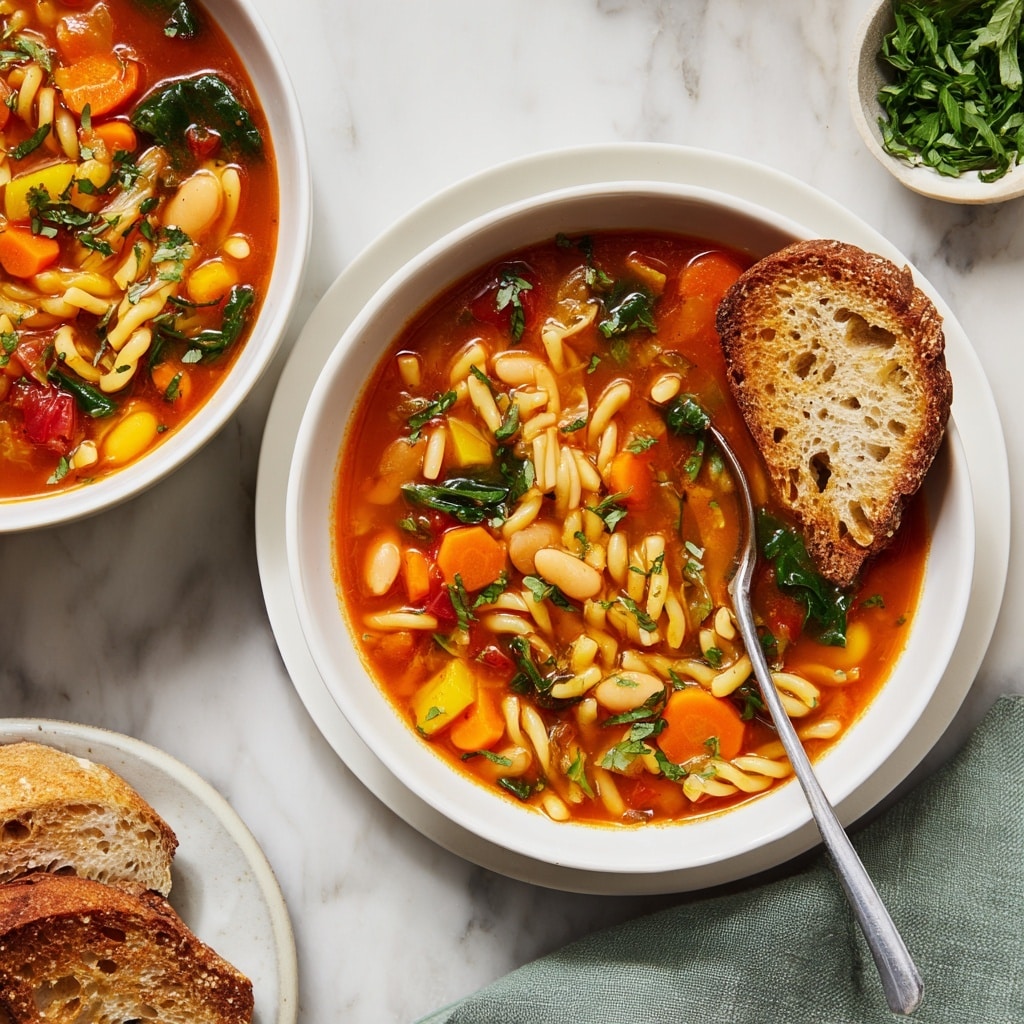 A close-up view of a bowl of vegetable soup showing a thick, rich orange-red broth filled with bright orange carrot slices, small yellow and red vegetable chunks, white beans, and delicate pasta pieces, all mixed with green leafy herbs scattered on top. Inside the soup bowl sits a toasted slice of crusty bread partly dipped into the soup on the right side, while a spoon pokes into the soup on the left side. The bowl is white and sits on a matching white plate, all placed on a white marbled surface. In the background, a small white bowl with fresh green herbs and some toasted bread pieces are also visible, with a soft, textured cloth in muted green near the bottom right. Photo taken with an iphone --ar 4:5 --v 7