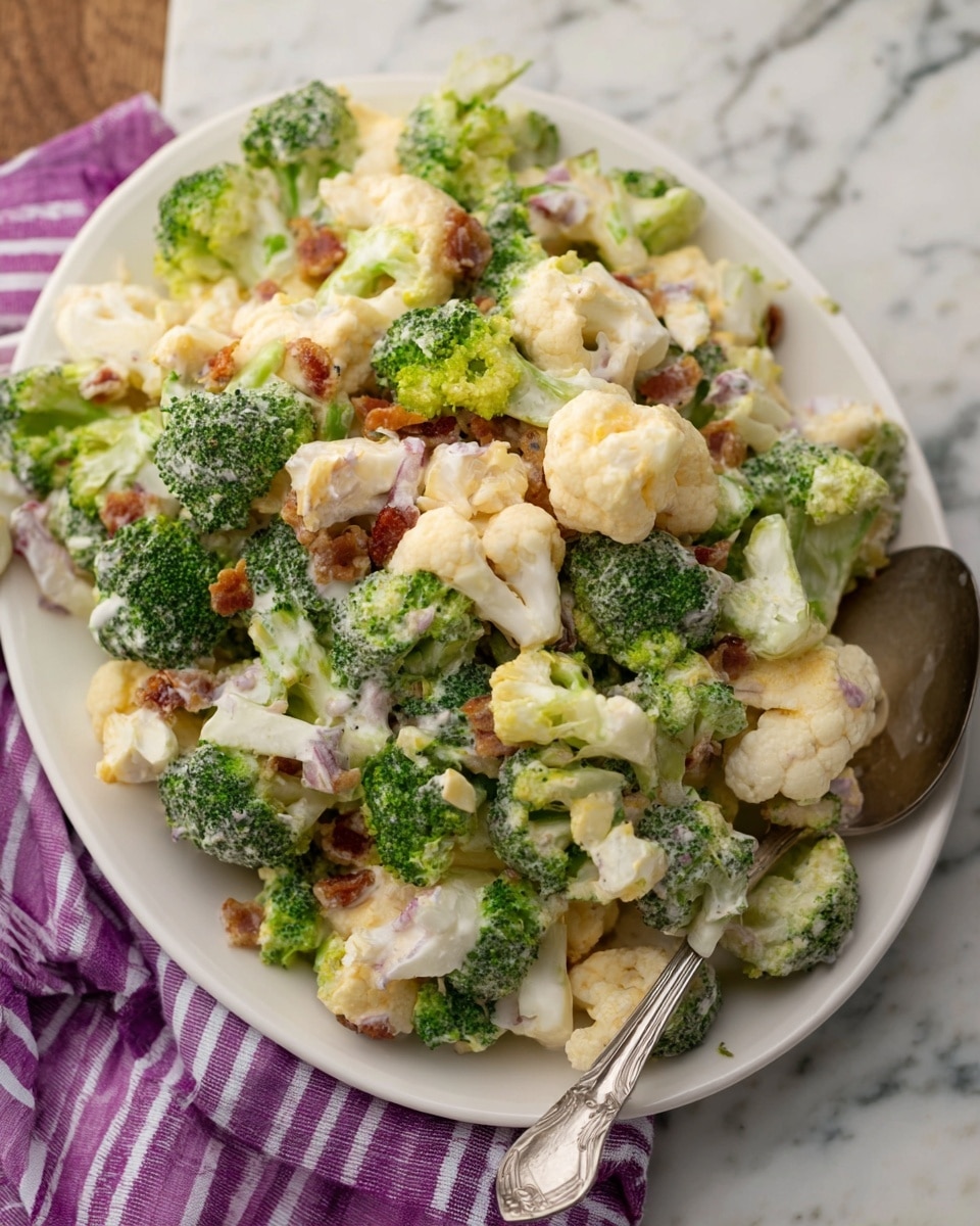 The image shows a white plate filled with a fresh broccoli and cauliflower salad mixed with creamy dressing and small bits of bacon. The salad has bright green broccoli florets and white cauliflower pieces, evenly coated with a light yellowish creamy sauce. Small, crunchy bacon bits are scattered throughout, adding texture and a brownish-red color contrast. The plate is resting on a white marbled surface. A spoon with a silver handle lies beside the plate, and a purple cloth with white stripes is partially visible in the background. Photo taken with an iphone --ar 4:5 --v 7
