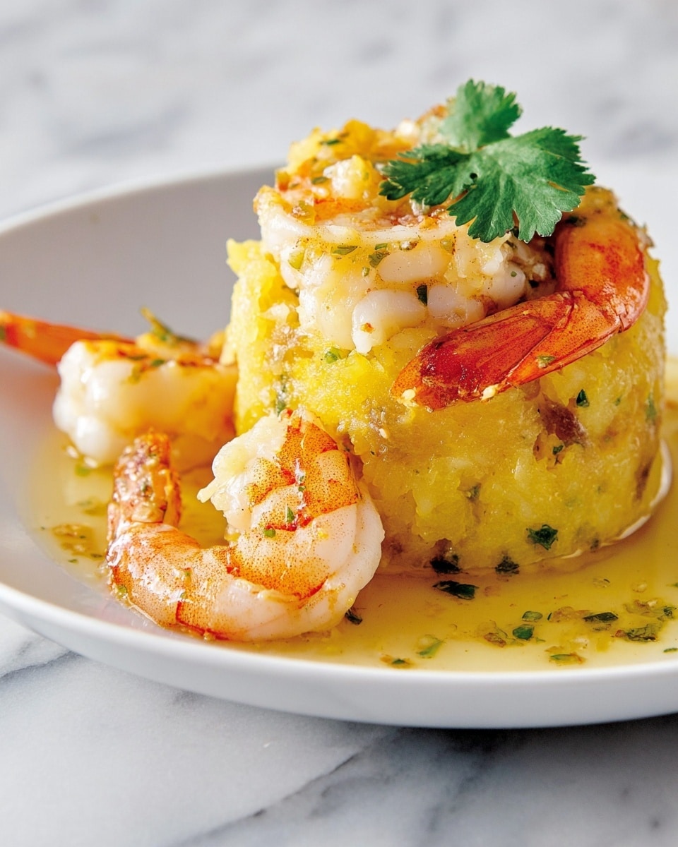 A small, round stack of yellowish mashed plantains mixed with visible pieces of white seafood, mainly shrimp, sits centered on a white plate. Two large, pink shrimp with orange-tinted tails curl around the base and side of the stack, their textured shells and delicate seasoning clearly visible. The dish is topped with a fresh green cilantro leaf, adding a touch of color contrast. A light yellow sauce with small bits of herbs pools gently around the base of the stack, creating a glossy texture. The plate rests on a white marbled surface. Photo taken with an iphone --ar 4:5 --v 7