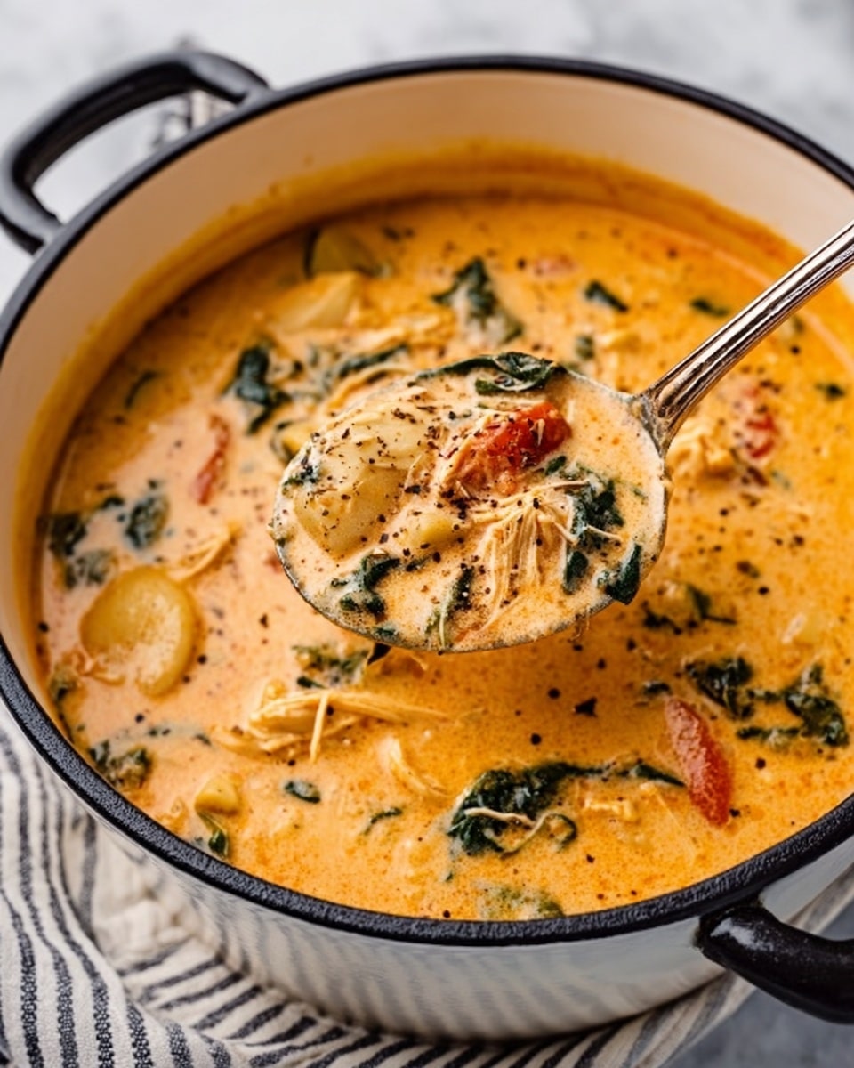 A close-up view shows a thick creamy orange soup with chunks of vegetables and pieces of chicken mixed evenly. The soup is in a white pot with black handles, and a silver spoon is lifting some soup, showing a smooth texture with bits of spinach and small slices of tomato inside. The top layer is creamy with some black pepper sprinkled lightly. The background is a white marbled surface with a striped cloth just visible under the pot. Photo taken with an iphone --ar 4:5 --v 7