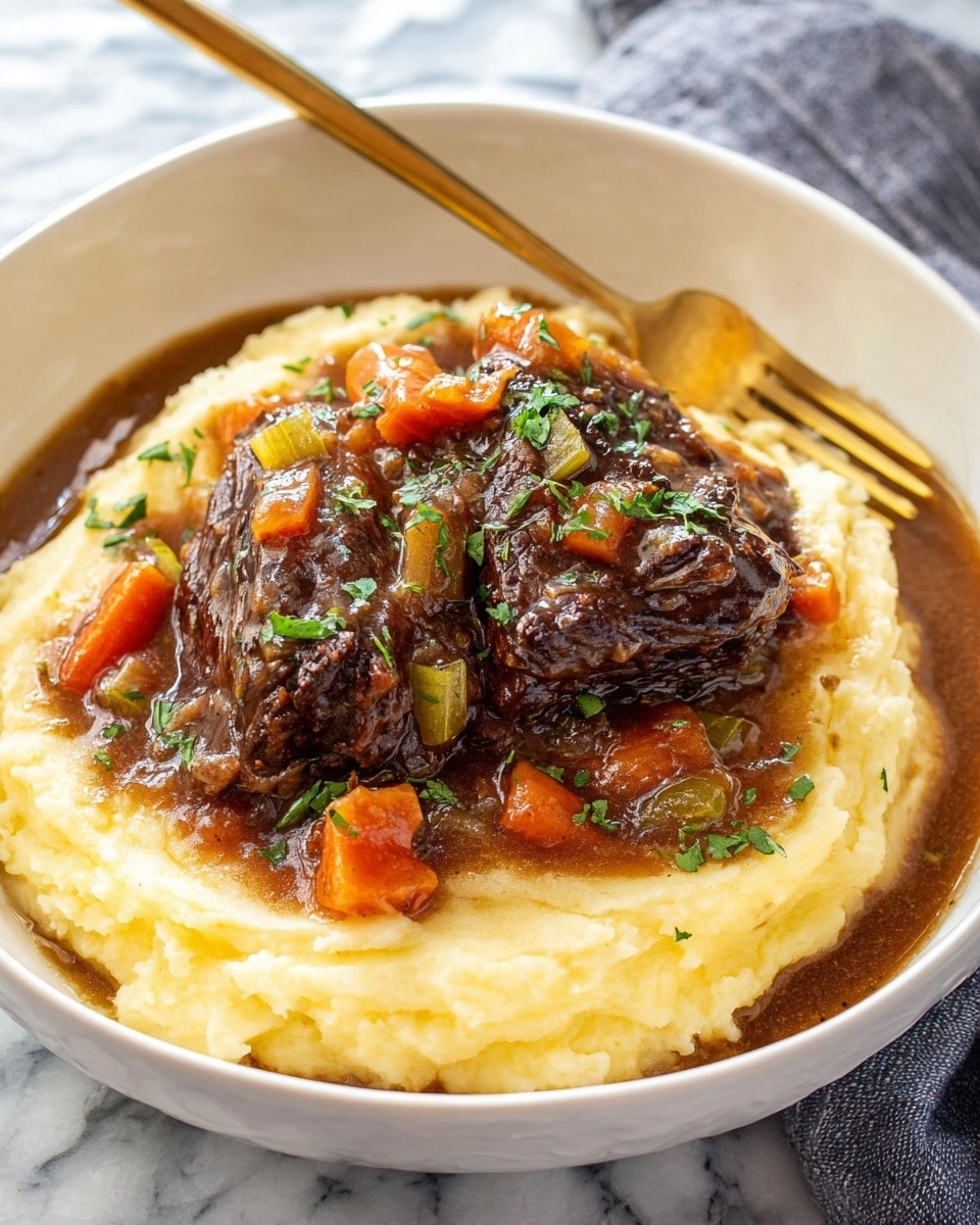 The image shows a white bowl filled with three main layers: a bed of soft, slightly chunky mashed potatoes with a creamy white color forms the bottom layer, topped with tender, dark brown braised short ribs covered in a glossy, rich sauce with visible sprigs of fresh thyme. Scattered around the ribs are thick chunks of orange carrots and pieces of caramelized onions in the sauce. A silver fork is inserted into the shredded meat, pulling some of it apart, and the bowl is set on a white marbled surface. Photo taken with an iphone --ar 4:5 --v 7