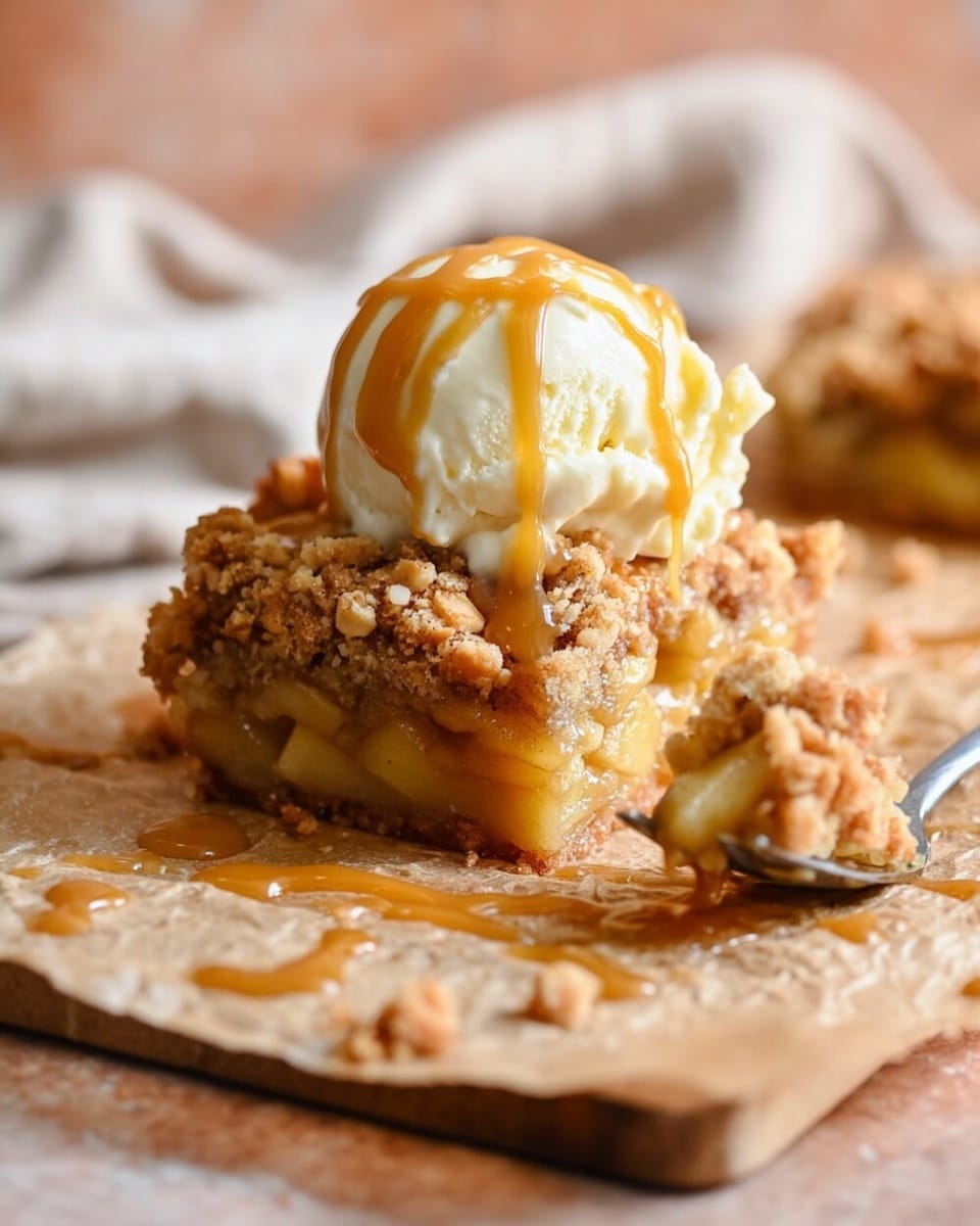 The image shows a single square piece of apple crumble topped with a scoop of vanilla ice cream, which is melting slightly and drizzled with golden caramel sauce. The apple crumble has a light brown crumbly topping with visible small chunks, underneath which there is a layer of soft, cooked apple slices in light yellow, and a thin, firm crust at the bottom. The dessert is placed on a piece of parchment paper on a light brown wooden board, with some caramel sauce spilled around it. To the right, part of a fork holds another small bite of the dessert covered in caramel. The background is softly blurred with a warm tone. photo taken with an iphone --ar 4:5 --v 7