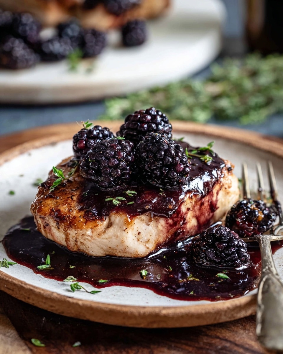 A piece of cooked chicken breast sits in the center of a round white wooden plate, covered with a thick dark purple-black sauce and topped with four large glossy blackberries. The sauce pools around the chicken, shining and slightly thick, with scattered tiny green herb leaves adding color contrast. Some blackberries and sauce spill onto the plate near the bottom right edge. A silver fork rests partially visible in the bottom right corner. The background shows a blurred white marbled surface with green herbs and another plate out of focus. photo taken with an iphone --ar 4:5 --v 7