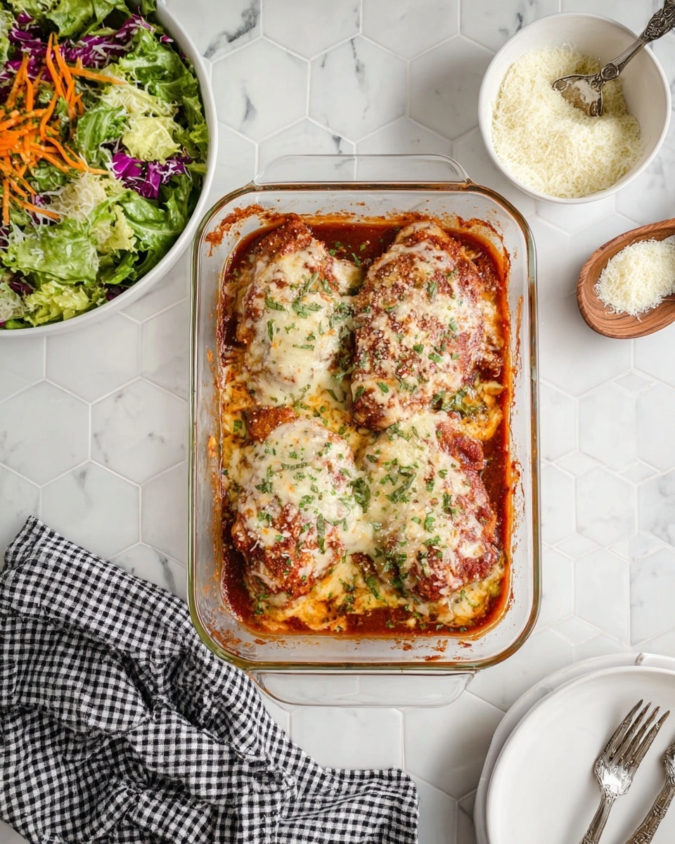 The image shows a clear glass baking dish filled with a baked cheesy tomato and spinach casserole. The top layer is golden-brown melted cheese with patches of darker toasted spots and visible green herbs and spinach pieces underneath, layered over a thick red tomato sauce. The dish looks creamy and slightly bubbling around the edges. In the background, there is a white marbled surface with hexagonal tiles, a bowl of fresh chopped salad with green, purple, and orange veggies, a small white bowl of grated cheese with a wooden spoon, an ornate silver serving spoon, and part of a white textured plate with a fork visible at the bottom right. A black and white checkered cloth is placed near the dish. photo taken with an iphone --ar 4:5 --v 7