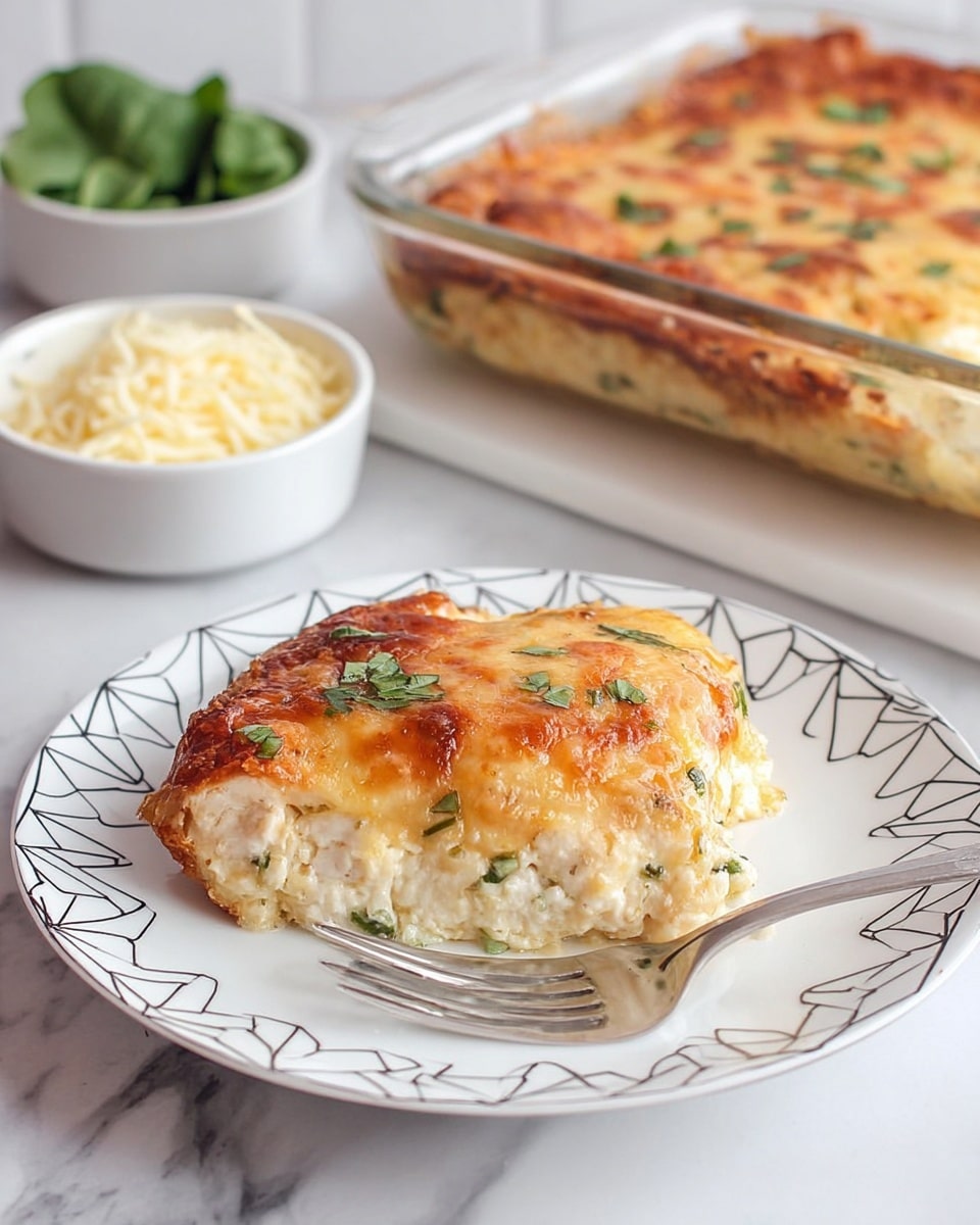 The image shows a slice of baked cheesy casserole on a white plate with a simple black geometric pattern. The casserole has two main layers: a thick creamy white base mixed with small green herb bits and a golden brown melted cheese topping with some browned spots and scattered green herbs, giving a slightly bubbly texture. The slice looks soft and moist with a creamy texture beneath the cheese. A silver fork rests on the plate close to the slice. In the background, there is a clear glass baking dish filled with the same casserole, showing its golden cheesy top, and two small white bowls containing shredded cheese and green leafy herbs, all placed on a white marbled surface. Photo taken with an iphone --ar 4:5 --v 7