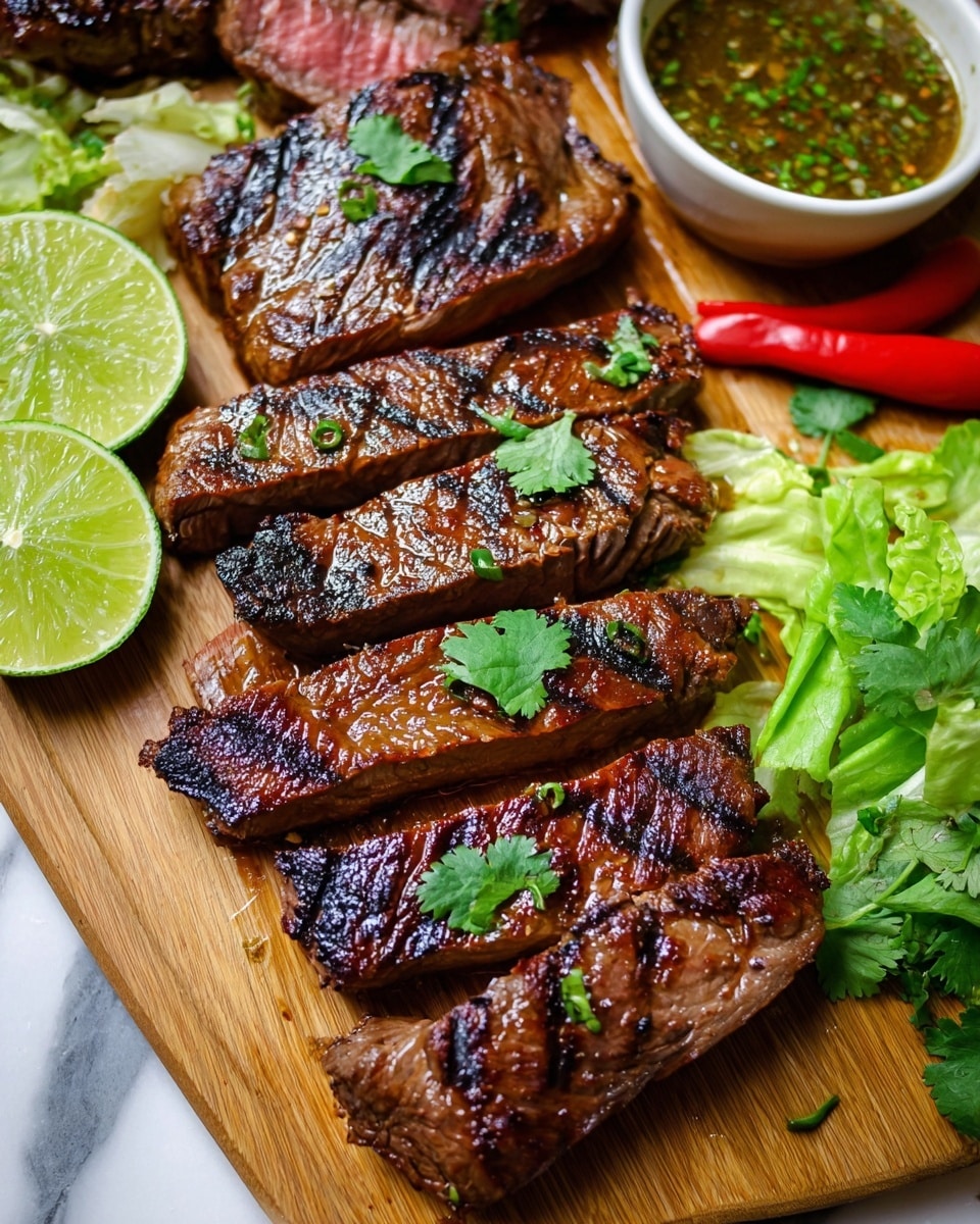A white plate holds a sliced grilled steak layered with brown grill marks on the outside and a pink center, showing about ten slices arranged in a slightly fanned-out manner. At the top left of the steak is a half lime with a bright green color, next to a small bunch of fresh green cilantro leaves. On the top right of the plate, there is a small white bowl filled with a colorful sauce containing red, green, and yellow bits in a dark brown liquid. Near the bowl, there are a few slices of red tomato. The plate is set on a white marbled surface. photo taken with an iphone --ar 4:5 --v 7