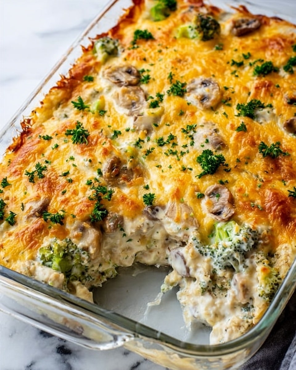 A close-up of a white bowl filled with a cheesy broccoli casserole, showing two main layers: the bottom layer is a creamy white sauce mixed with green broccoli pieces, while the top layer is golden-brown melted cheese with some crispy edges. A woman's hand is holding a light wooden spoon scooping out a portion, showing the gooey texture and small bits of fresh herbs sprinkled on top. The bowl is placed on a white marbled surface. photo taken with an iphone --ar 4:5 --v 7