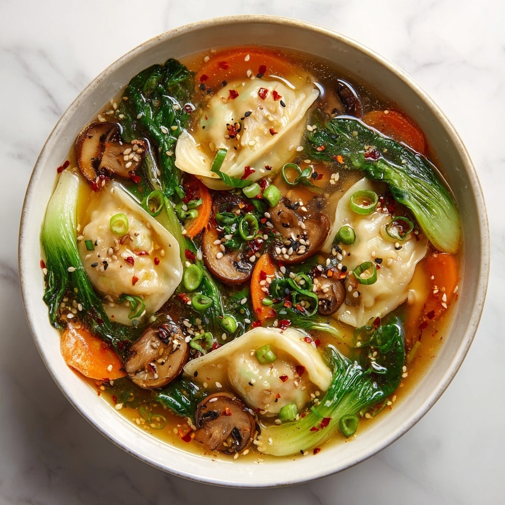 A white bowl filled with clear broth soup that contains several visible layers of ingredients: the base layer is a light brown, slightly oily broth; floating within it are folded dumplings with pale, slightly wrinkled skins; scattered among the dumplings are bright orange carrot slices, green peas, yellow corn kernels, diced translucent onions, small dark green leafy herbs, and some thin strips of a light beige vegetable or mushroom. The soup has a mix of smooth liquid and chunky textures with small bubbles floating on the surface. The bowl sits on a white marbled surface. photo taken with an iphone --ar 4:5 --v 7