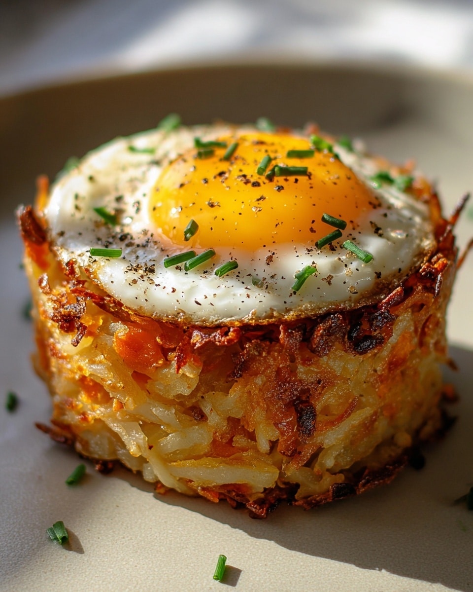 A single savory muffin sits on a white plate with a white marbled texture in the background. The muffin has three visible layers: the base is a crispy golden-brown hash brown mix with strands of potato showing around the edge, the middle layer includes small pieces of browned bacon embedded within the hash browns, and the top is a perfectly cooked sunny-side-up egg with a bright yellow yolk and glossy white edges. The egg is sprinkled lightly with chopped green herbs and black pepper, adding a touch of green and specks of black on the vibrant yellow yolk, making the dish look fresh and appetizing. photo taken with an iphone --ar 4:5 --v 7