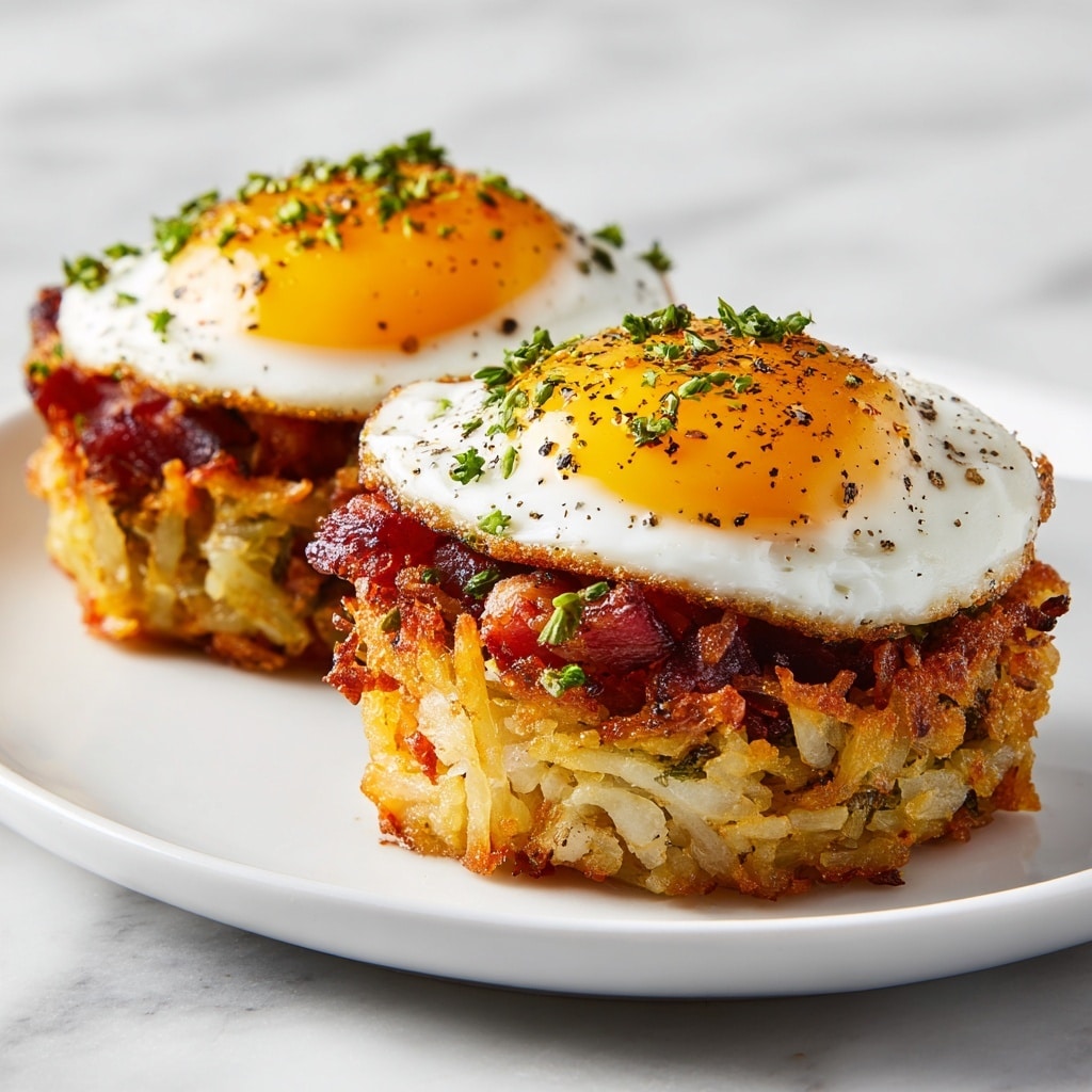 A round breakfast dish with three main layers sits on a white plate on a white marbled surface. The bottom layer is a crispy, golden-brown base made of shredded potatoes. The middle layer is a soft, melted cheese mixed with bits of orange and light brown ingredients. The top layer is a cooked sunny-side-up egg with a bright yellow yolk in the center, surrounded by white egg whites sprinkled with cracked black pepper and small green herbs. The edges of the potato layer are slightly browned and crunchy. Photo taken with an iphone --ar 4:5 --v 7