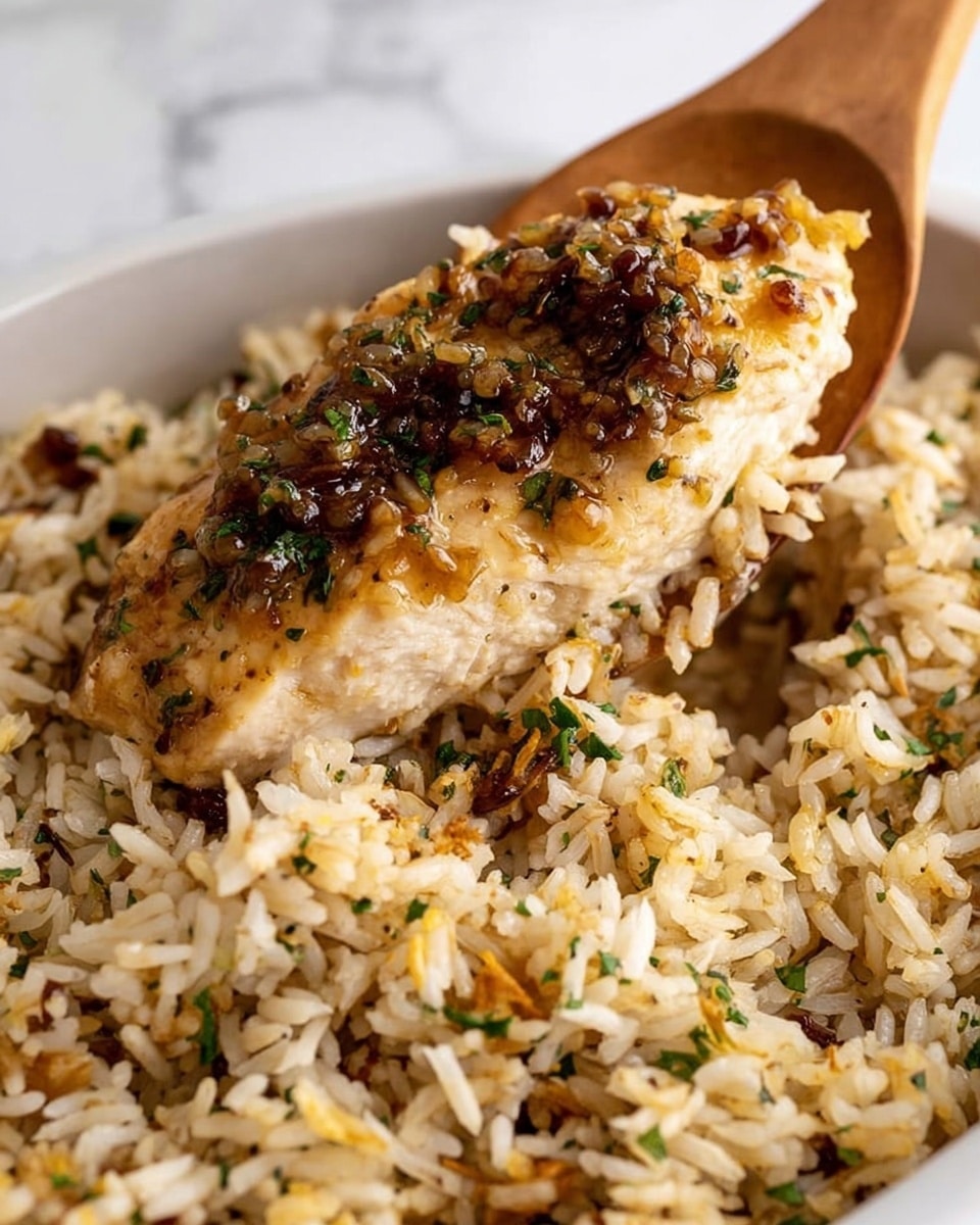 A close-up view of a white ceramic dish filled with cooked rice mixed with small bits of vegetables and herbs scattered throughout. On top, a piece of light golden-brown cooked chicken breast is lifted by a wooden spatula, topped generously with steamed white rice and some dark, slightly glossy sauce mixed with finely chopped herbs and onions. The rice grains are fluffy, white, and slightly brown from the sauce, creating a textured and layered look. The background is a white marbled surface. photo taken with an iphone --ar 4:5 --v 7