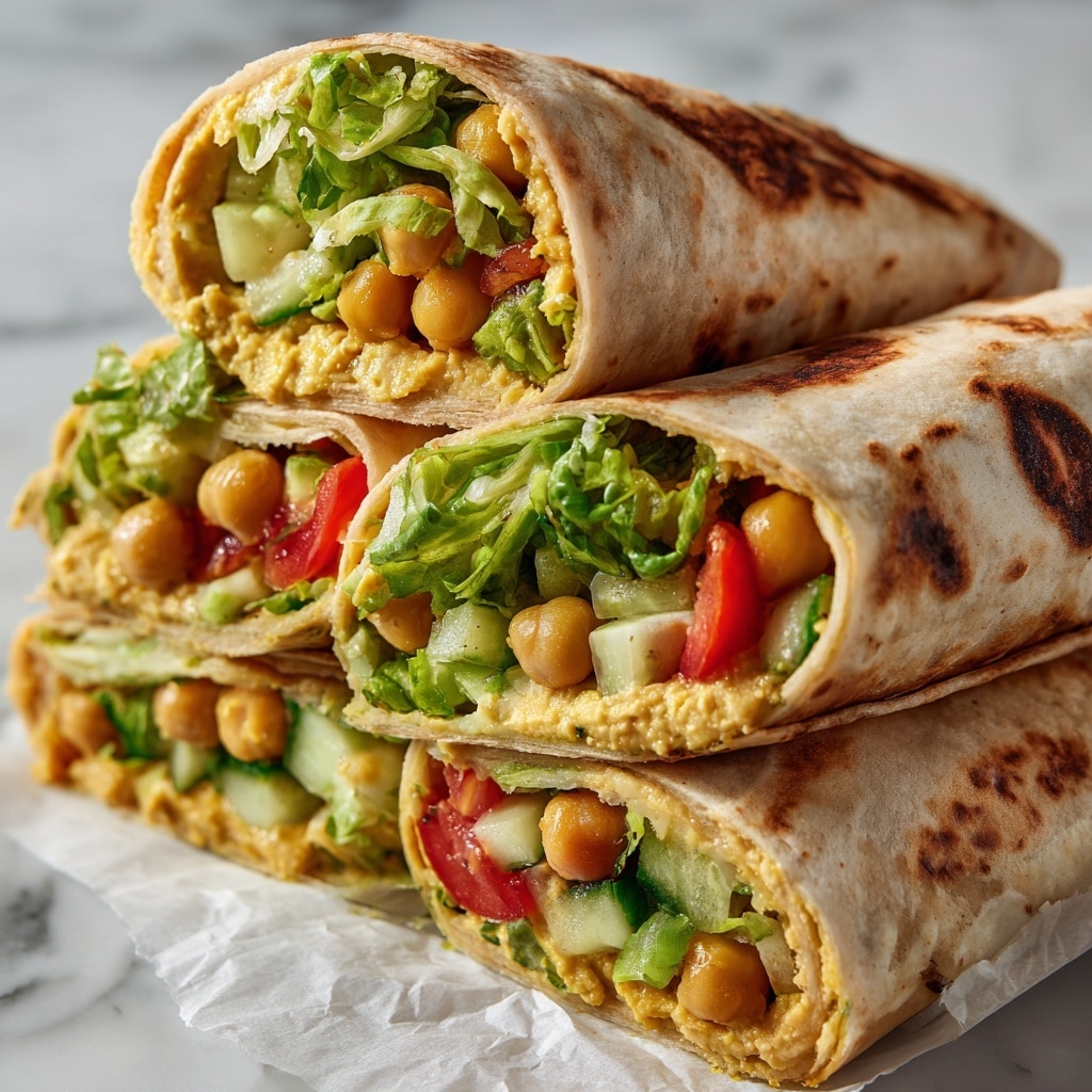 A close-up view of two thick rolled wraps stacked on white parchment paper, each with a soft, light brown toasted tortilla outside showing slight char marks. Inside, there are three main layers visible: the base layer is creamy and pale yellow, likely hummus spread evenly; above that is a layer of mixed bright green leafy lettuce; on top, large round beige chickpeas sit alongside chunks of fresh green cucumber with a smooth, shiny texture and bright red tomato pieces with a juicy look. The wraps are cut diagonally, showing the colorful filling clearly inside. The photo has a soft natural light with a white marbled background. photo taken with an iphone --ar 4:5 --v 7
