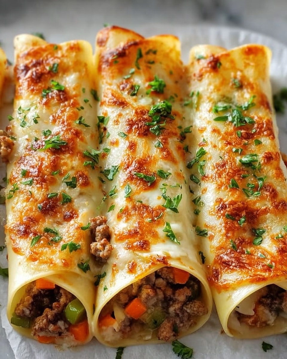 The image shows four rolled pasta tubes filled with cooked ground meat mixed with small pieces of green bell pepper and orange carrot slices. The pasta is creamy beige with some browned spots from baking, and the tops are covered with melted golden cheese that looks slightly crispy. Fresh chopped green herbs are sprinkled on top, adding a bright green color. The rolls are placed closely together on white parchment paper, which is on a white marbled surface. photo taken with an iphone --ar 4:5 --v 7