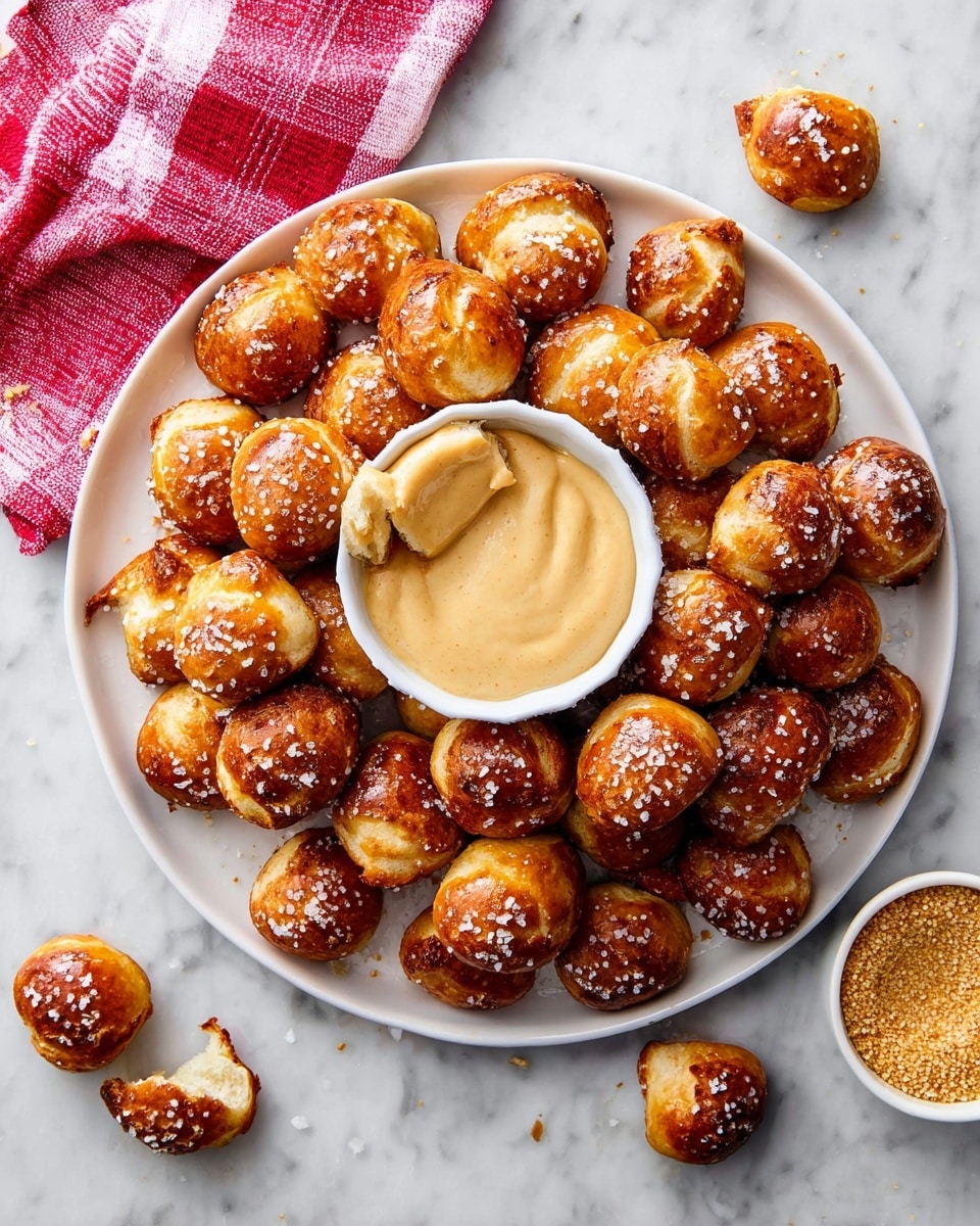 A white plate filled with small, square-shaped soft pretzel bites that have a shiny, golden brown outer crust sprinkled with coarse salt. The pretzel bites are arranged around a small white bowl in the center, which is filled with smooth, creamy, light orange cheese sauce. The plate is set on a white marbled surface partially covered by a light gray striped cloth. Photo taken with an iphone --ar 4:5 --v 7