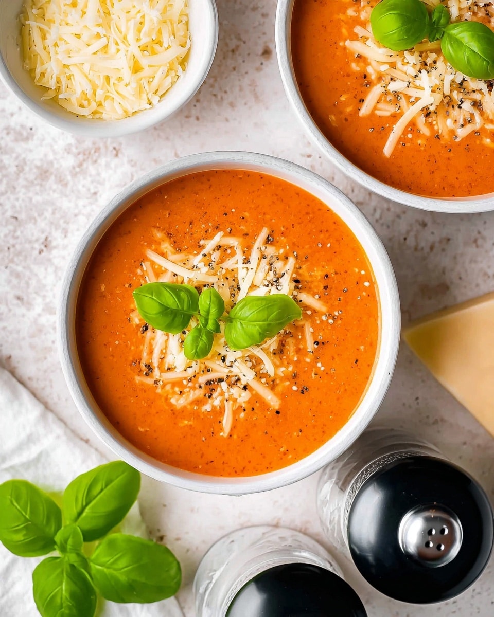 A white bowl filled with smooth orange tomato soup topped with a layer of shredded white cheese and small black pepper specks, garnished with two fresh bright green basil leaves placed near the center; another similar bowl partially visible at the top right with the same soup and toppings, all set on a white marbled textured surface; a small white bowl filled with shredded cheese is in the bottom left corner, and two black pepper grinders are in the bottom right corner, with fresh green basil leaves adding a touch of color around the soup bowls. photo taken with an iphone --ar 4:5 --v 7