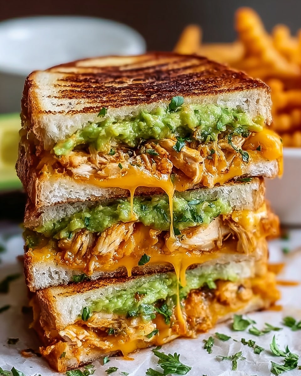 A close-up view of a grilled sandwich cut in half and stacked, showing three layers of toasted white bread with golden-brown grill marks and a slightly crispy texture. Between the bread layers, there is a thick layer of melted orange cheddar cheese dripping slightly, juicy grilled chicken pieces with a light char and herbs sprinkled on top, and a bright green chunky guacamole spread that looks fresh and creamy. The sandwich is placed on a white surface with a few green herb leaves scattered around, and some curly golden fries are visible blurred in the background. Photo taken with an iphone --ar 4:5 --v 7