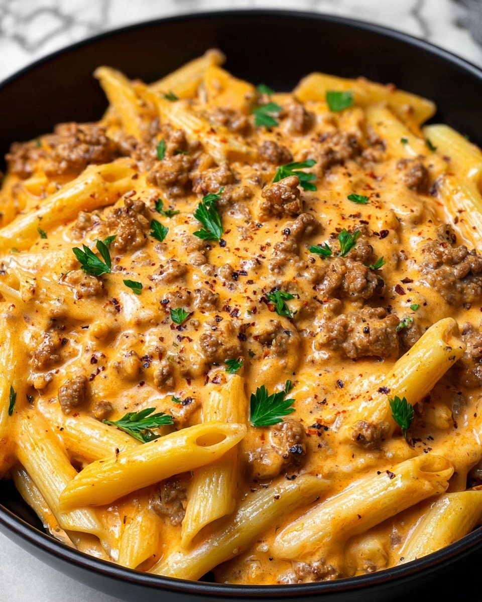 A close-up of a black bowl filled with creamy pasta showing three layers: the bottom layer has penne pasta in pale yellow, the middle layer is mixed ground meat in light brown chunks scattered evenly, and the top layer is a thick, smooth orange cheese sauce covering everything, sprinkled with black pepper flakes and small pieces of fresh green parsley leaves for a touch of color, all placed on a white marbled surface. photo taken with an iphone --ar 4:5 --v 7