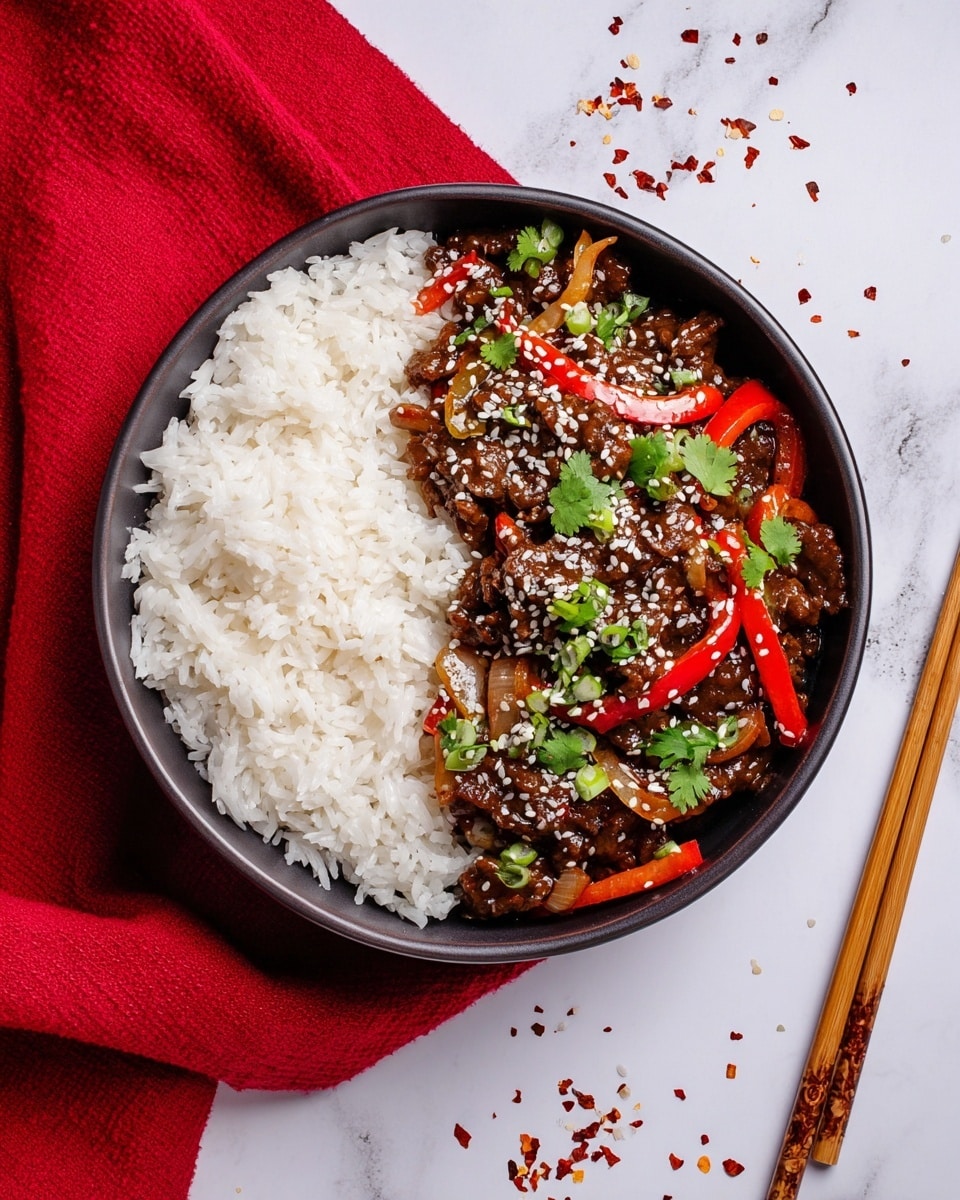 A round dark bowl holds the dish, divided into two parts: on the left is a thick layer of fluffy, white rice with visible individual grains, and on the right is a rich, glossy stir-fry of dark brown beef coated in a shiny sauce, mixed with bright red bell pepper strips and thin onion slices, all topped with white sesame seeds, chopped green onions, and fresh green cilantro leaves. The bowl rests on a bright red cloth, placed on a white marbled surface where wooden chopsticks lie nearby along with some scattered red chili flakes. Photo taken with an iphone --ar 4:5 --v 7