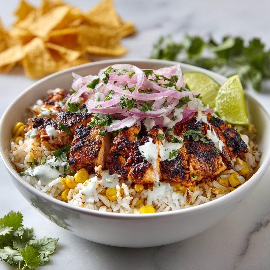 The image shows a white bowl filled with a layered dish. The base layer is golden-yellow corn kernels mixed with a creamy white sauce. On top of this is a piece of grilled chicken with a dark brown, slightly charred surface, garnished with finely chopped green herbs. There are two lime wedges placed on the edges of the bowl for garnish. The bowl sits on a white marbled surface with some green herbs scattered around. photo taken with an iphone --ar 4:5 --v 7