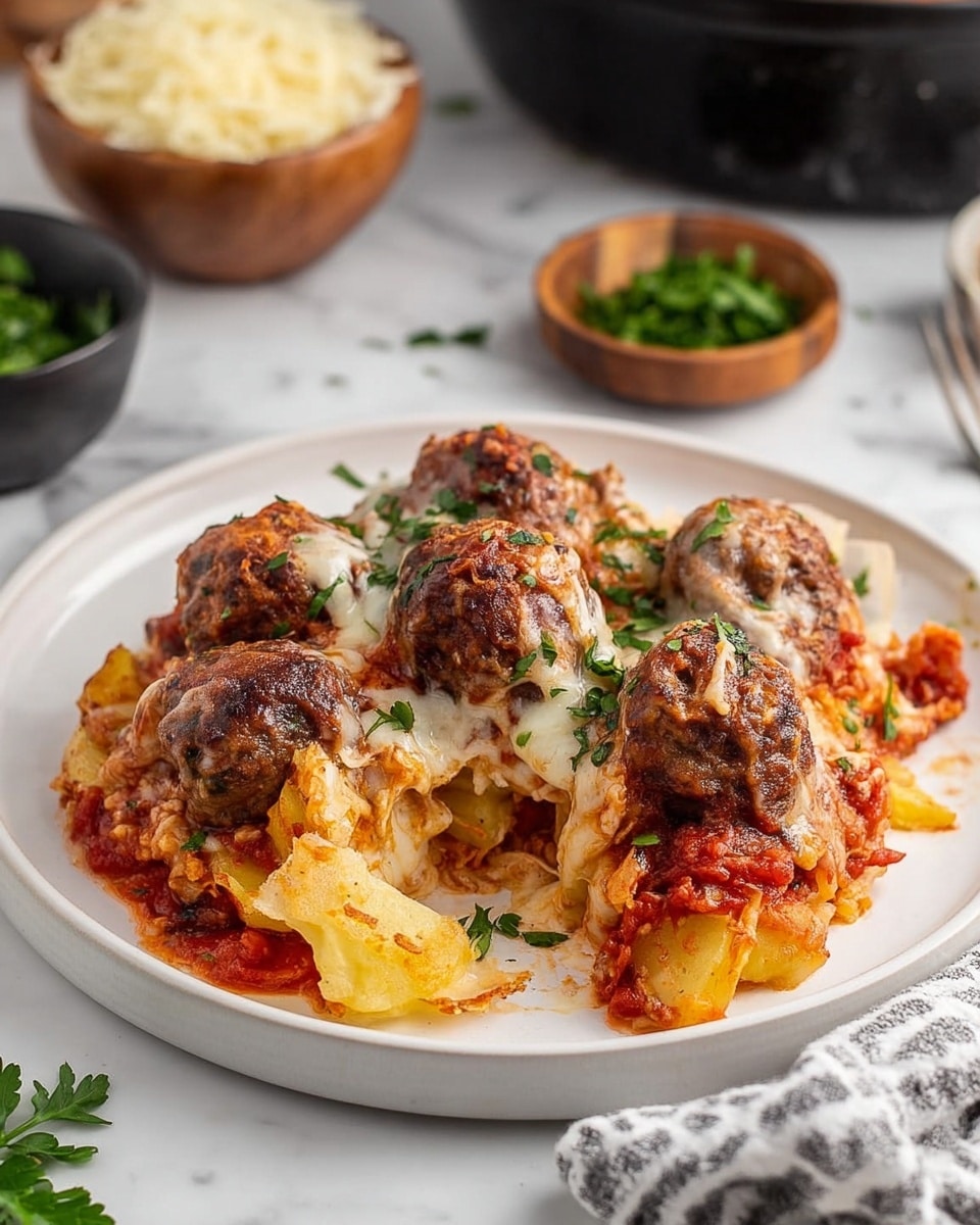 A white plate holds a layered dish with six round browned meatballs on top, each covered with melted cheese that appears slightly browned and gooey. Below the meatballs is a thick layer of golden brown scalloped potatoes mixed with patches of melted cheese and a rich, red tomato sauce, spread unevenly across the plate. Bits of chopped green herbs are sprinkled over the meatballs and potatoes, adding a fresh contrast to the warm colors. The plate sits on a white marbled surface with a black bowl of chopped parsley and a wooden bowl of shredded cheese blurred in the background. Photo taken with an iphone --ar 4:5 --v 7