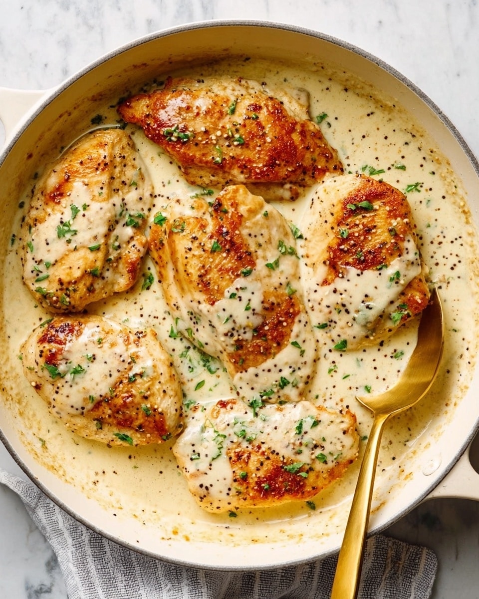 The image shows a black skillet filled with creamy pasta topped with three sliced, grilled chicken breasts arranged in a triangle. The pasta is coated in a thick white sauce and mixed with rigatoni, and sprinkled generously with shaved parmesan cheese and chopped parsley. The skillet sits on a wooden board placed on a white marbled surface. Nearby, there is a white bowl filled with more parmesan shavings and a white plate holding two pieces of baguette bread with parmesan shavings and parsley. A green and white striped cloth is casually placed on the top right corner. Photo taken with an iphone --ar 4:5 --v 7