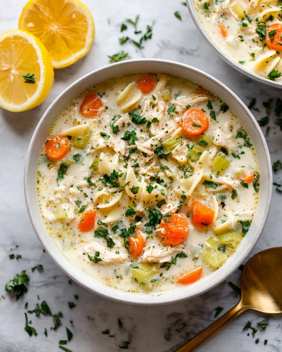 A close-up of a white bowl filled with creamy chicken soup, showing a thick broth with visible shredded white chicken pieces, soft orange carrot slices, and small green herb sprinkles floating throughout. A silver spoon is scooping up a mix of shredded chicken, carrot, and broth from the bowl. Two more white bowls of the same soup are blurred in the background on a white marbled surface. The soup has a rich texture with a warm, yellowish color from the broth and tender vegetables. Photo taken with an iphone --ar 4:5 --v 7