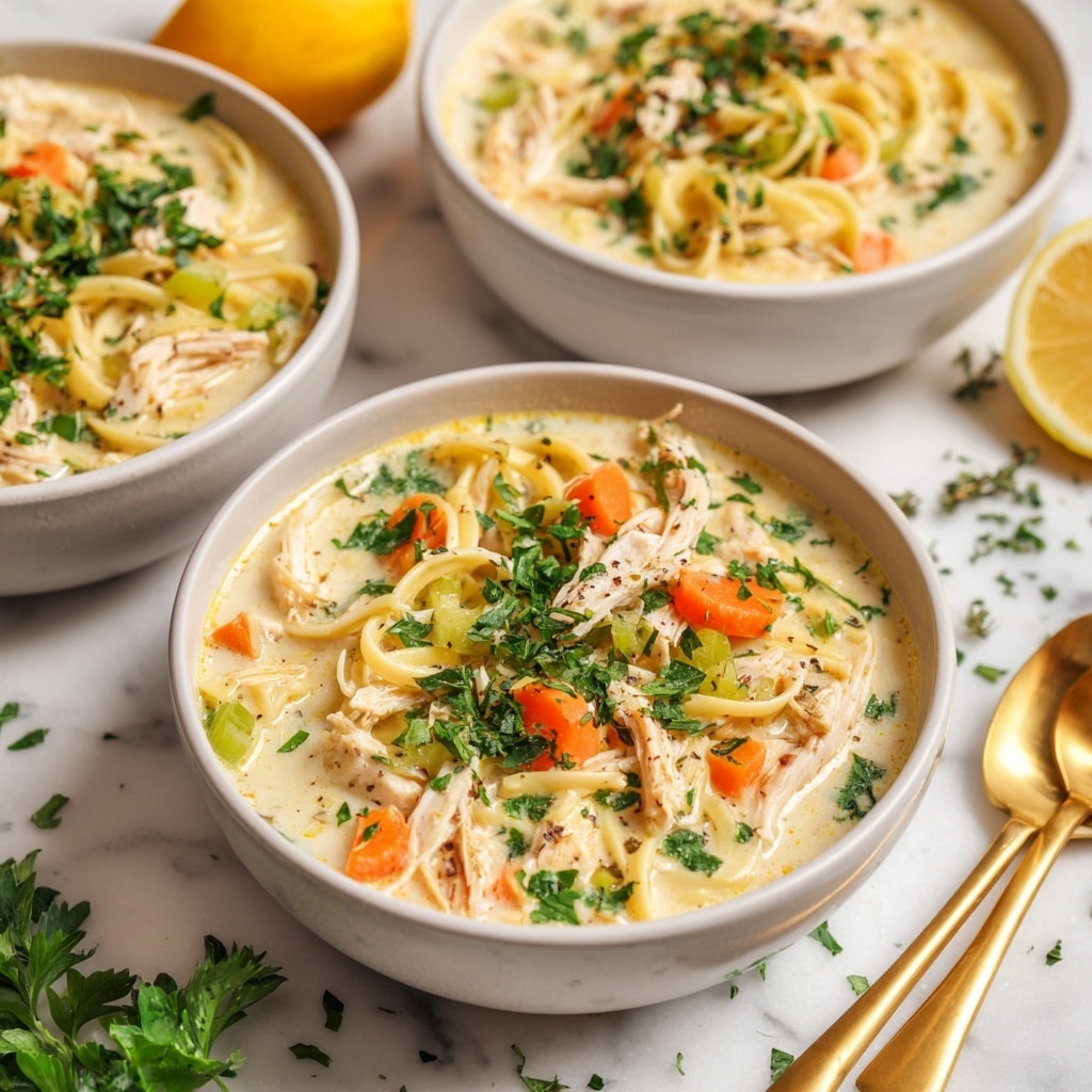 A white bowl filled with creamy chicken soup that has three main visible layers: small orange carrot cubes scattered throughout, light green celery pieces, and shredded white chicken mixed with thin pasta noodles in a thick cream-colored broth, garnished with fresh chopped dark green herbs on top. The bowl is placed on a white marbled surface with some scattered herbs around it, and a golden spoon resting beside the bowl. In the background, there is a halved lemon with a vibrant yellow peel. Photo taken with an iphone --ar 4:5 --v 7