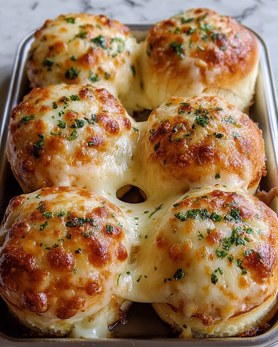 The image shows four baked cheese rolls on a white plate, placed on a white marbled surface. The rolls have a golden-brown crust on top with some crispy, slightly darker spots, covered with small green herbs scattered all over. The front roll is broken open, revealing melted, stretchy white cheese oozing out from the soft, fluffy inside layer that is pale yellow and airy. The other rolls behind it show rounded, puffy shapes with a shiny, textured top crust. Some bits of browned cheese or herbs are visible on the crust and the white plate, adding extra detail. photo taken with an iphone --ar 4:5 --v 7