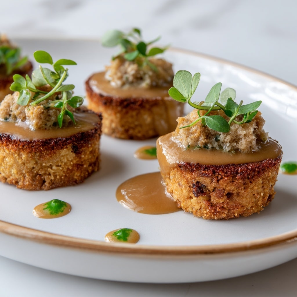 Two small round cakes sit on a white plate with a light brown rim. Each cake has a golden-brown base, crispy and textured. On top, there is a chunky, crumbly light beige layer covered with a smooth, glossy light brown sauce. Small green herbs are scattered on the sauce and around the plate. The plate rests on a white marbled surface. Photo taken with an iphone --ar 4:5 --v 7