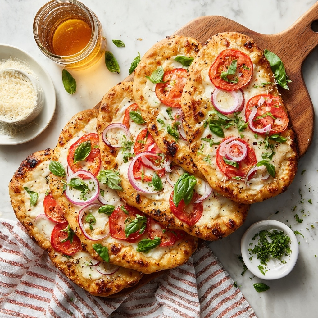 A pizza with three slices is shown on a white marbled surface lined with parchment paper, with a woman's hand holding one slice at the bottom. The pizza has a golden brown crust with a slightly thick edge. Each slice has a base of melted white cheese with a smooth texture. On top, there are large slices of red and yellow tomatoes scattered around, along with bright green basil leaves spread evenly. The cheese looks soft and stringy where the slice is being pulled, and some small brown spots of baked cheese are visible. Photo taken with an iphone --ar 4:5 --v 7
