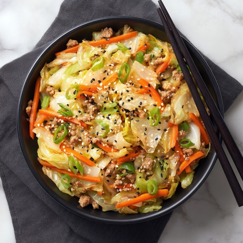 A large silver pan on a white marbled surface holds a cooked mix of shredded green cabbage, finely chopped carrots, and browned ground meat, with small bits of green onions scattered throughout, creating a colorful, chunky texture. A woman's hand grips a spatula that lifts a portion of the dish, showing a thick layer of mixed ingredients with a blend of soft and slightly crispy textures. Around the pan, there are scattered shredded cabbage and whole carrots, adding a fresh and rustic look to the scene. Photo taken with an iphone --ar 4:5 --v 7