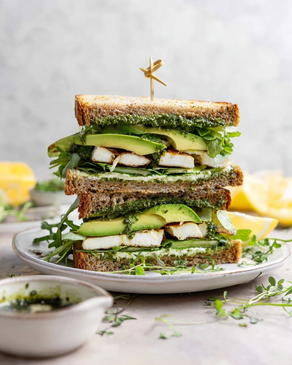 A thick sandwich cut into two halves is stacked on a wooden board with a white marbled background. Each half shows three layers of whole grain bread with a rough, grainy texture. Between the bread layers, there is a generous spread of creamy white herb sauce with small green flecks. Fresh leafy green spinach forms a dense, bright green layer above the bottom bread slice in both halves. Slices of cucumber next form a neat, light green layer with a smooth texture. On top of the cucumber, thick pieces of pale green avocado are laid diagonally, some parts revealing their darker green skin. Over the avocado, there is a loose sprinkling of thin, white alfalfa sprouts creating a delicate, stringy texture at the top of the sandwich halves. Photo taken with an iphone --ar 4:5 --v 7