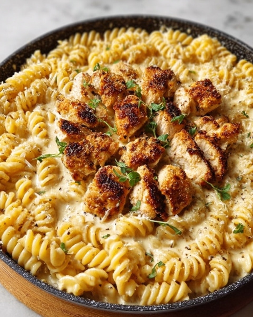 A close-up image of a skillet filled with creamy rotini pasta arranged in a circular layer around the edges, light yellow in color with a smooth texture. On top of the pasta, there are several pieces of golden-brown grilled chicken arranged in the center, each piece showing a crispy and slightly charred surface. Small sprigs of green herbs lightly sprinkled over both the chicken and pasta add a fresh touch. The skillet sits on a white marbled surface, showcasing the dish well. Photo taken with an iphone --ar 4:5 --v 7